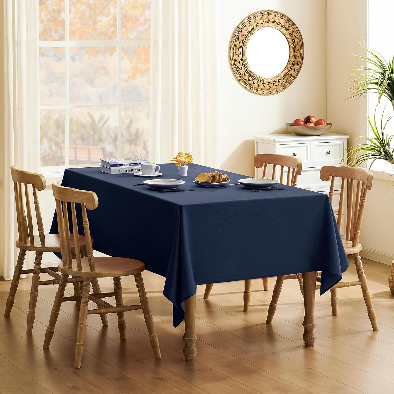 Veblandy Textured Tablecloth Rectangle Waterproof Table Cloth, Washable Table Cover Wrinkle Free Fabric Tabletop Decoration for Kitchen, Dining, Wedding, Parties, 60 x 144 Inch, Navy Blue