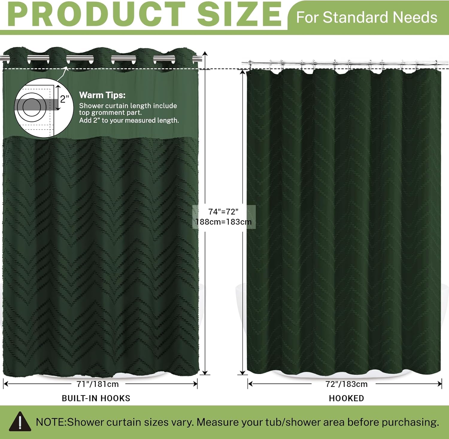 No Hook Shower Curtain with Snap in Liner, Tufted Chevron Striped Shower Curtain Set for Bathroom, Boho Waterproof and Washable Shower Curtains, 71Wx74H, Dark Green