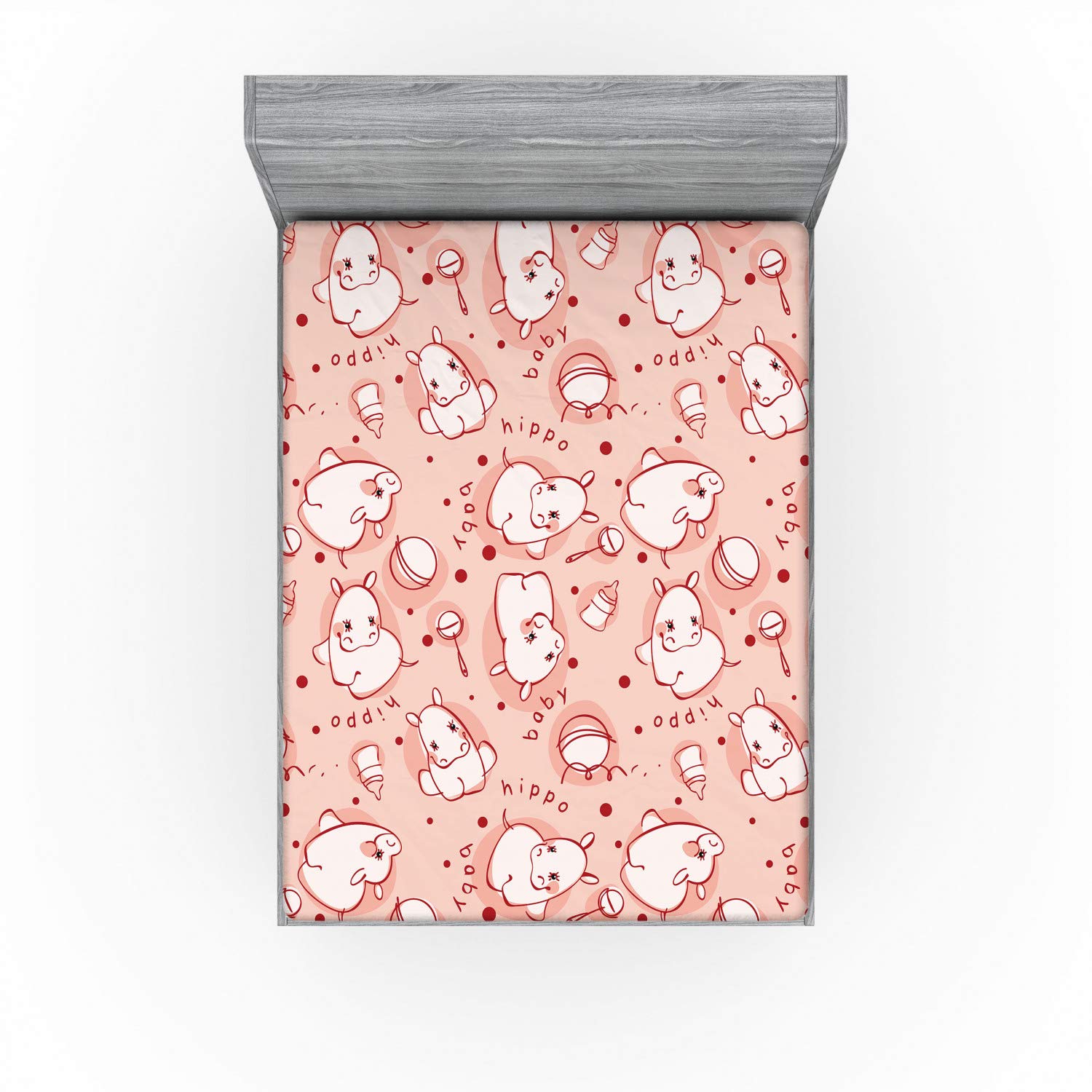 Ambesonne Hippo Fitted Sheet, Hippo Pattern Wild Animal Funny Girls Boys Playroom Concept, Soft Decorative Fabric Bedding All-Round Elastic Pocket, Queen Size, Coral Rose