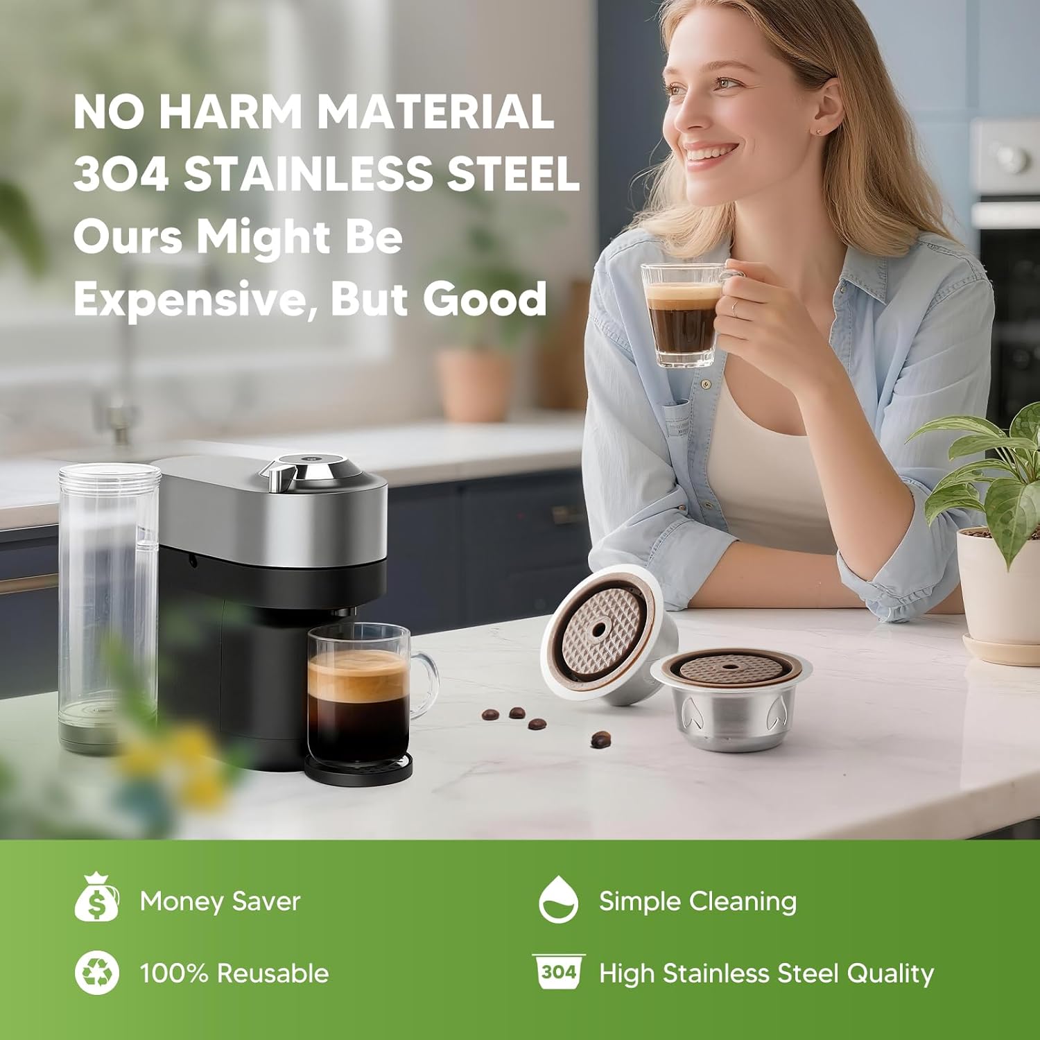 2pcs Reusable Pods for Nespresso Vertuo Machine, Stainless Steel 7.7oz Refillable Coffee Capsule Set with 2 Silicone Lid,1 Spoon,1 Brush,Coffee Accessories for Nespresso Vertuo Machine (2 Lids+2 Pods)