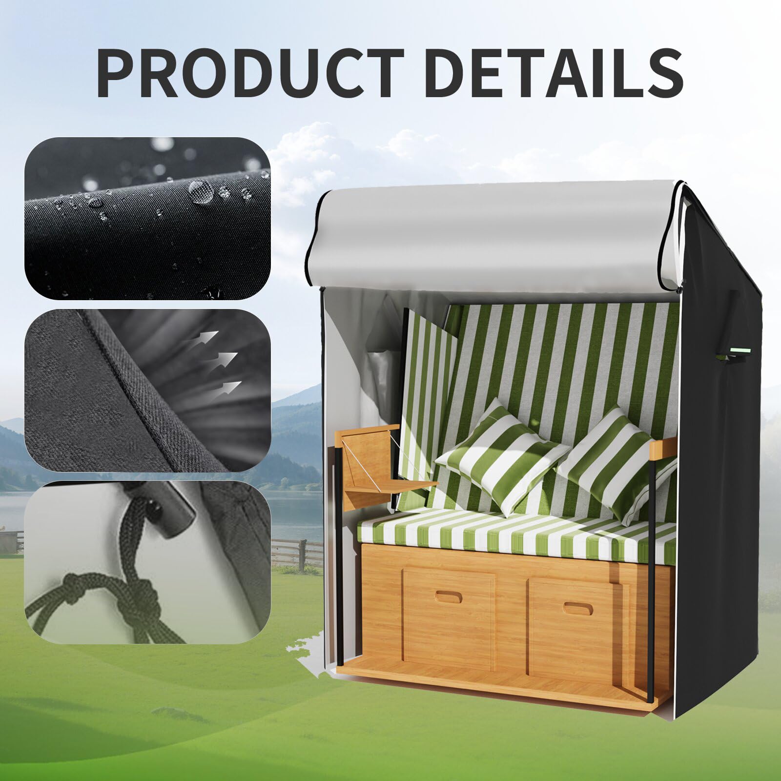 Strandkorb Schutzhülle Winterfest 600 Oxford Gewebe Abdeckhaube für 2-Sitzer Strandkörbe 120 x 90 x 155/140 cm , Mit Belüftungslöchern und Verstellbarem Zugband Ideal für Strandkörbe Zubehör