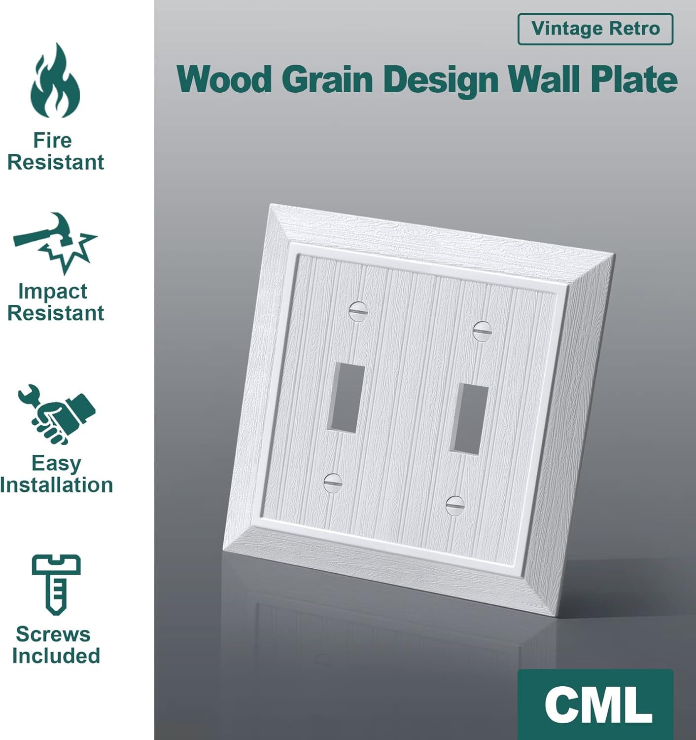 CML Classic Double Toggle Light Switch Wall Plate, 2-Gang Outlet Covers, Vintage Retro Wood Grain Design, Standard Size 4.95”X 4.87”, Impact Resistant, 2-Pack, White