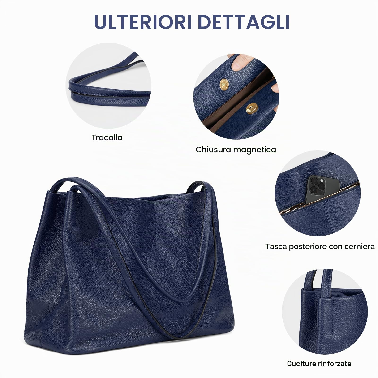 Kattee Borsa larga da donna, in vera pelle, casual, con chiusura magnetica a scatto