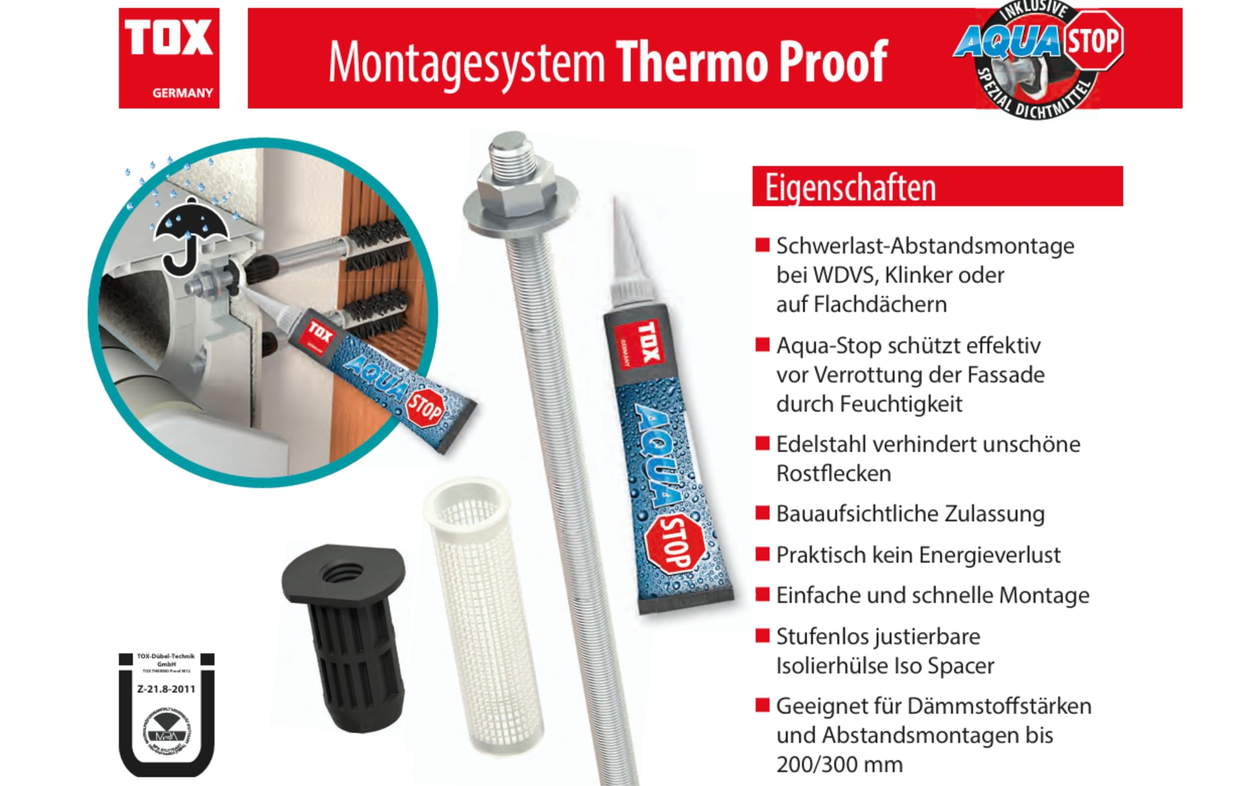 TOX Thermo Proof 12x300mm Markisenbefestigung Edelstahl A4 Set, Wärmebrückenfreie Schwerlast-Montage, WDVS Abstandsmontage mit Liquix Pro 1 und Reinigungsbürste und Dichtmittel (4x 12x300mm SET)