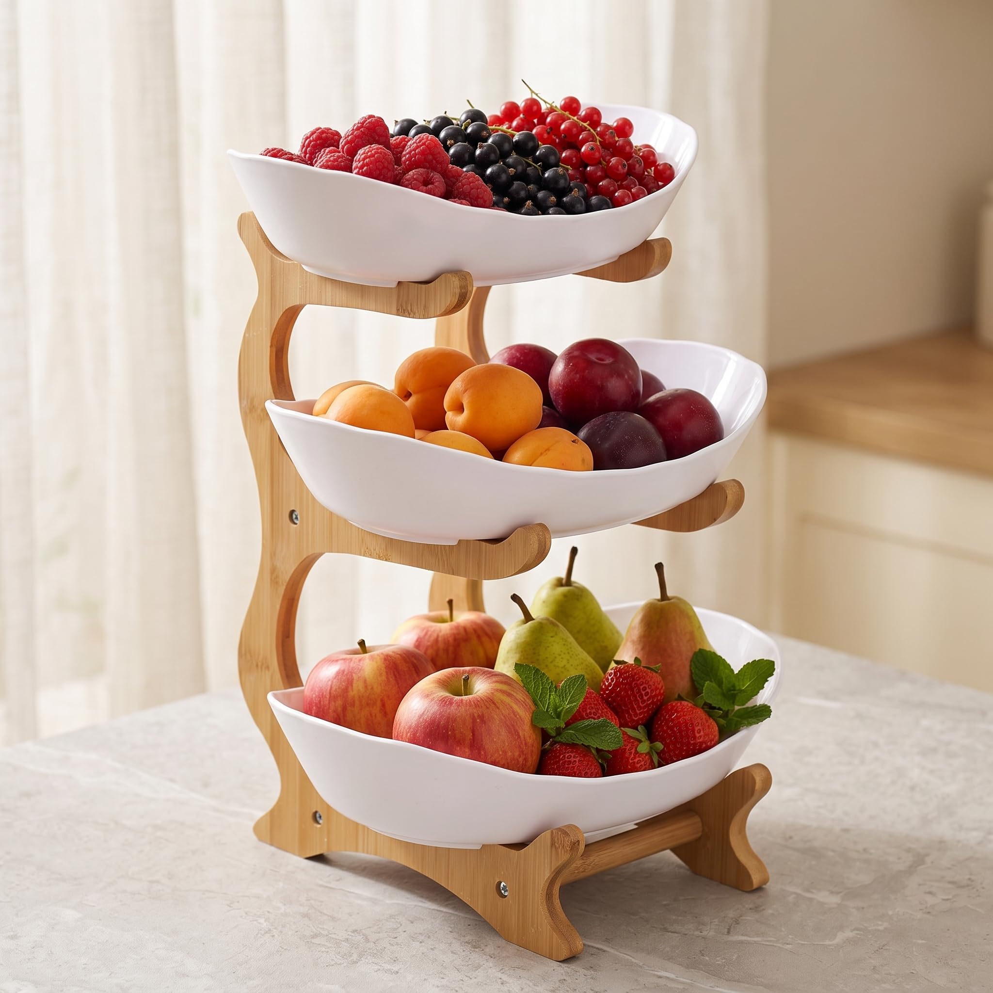 3-Tier White Bamboo Stand Plastic Fruit Bowl Set