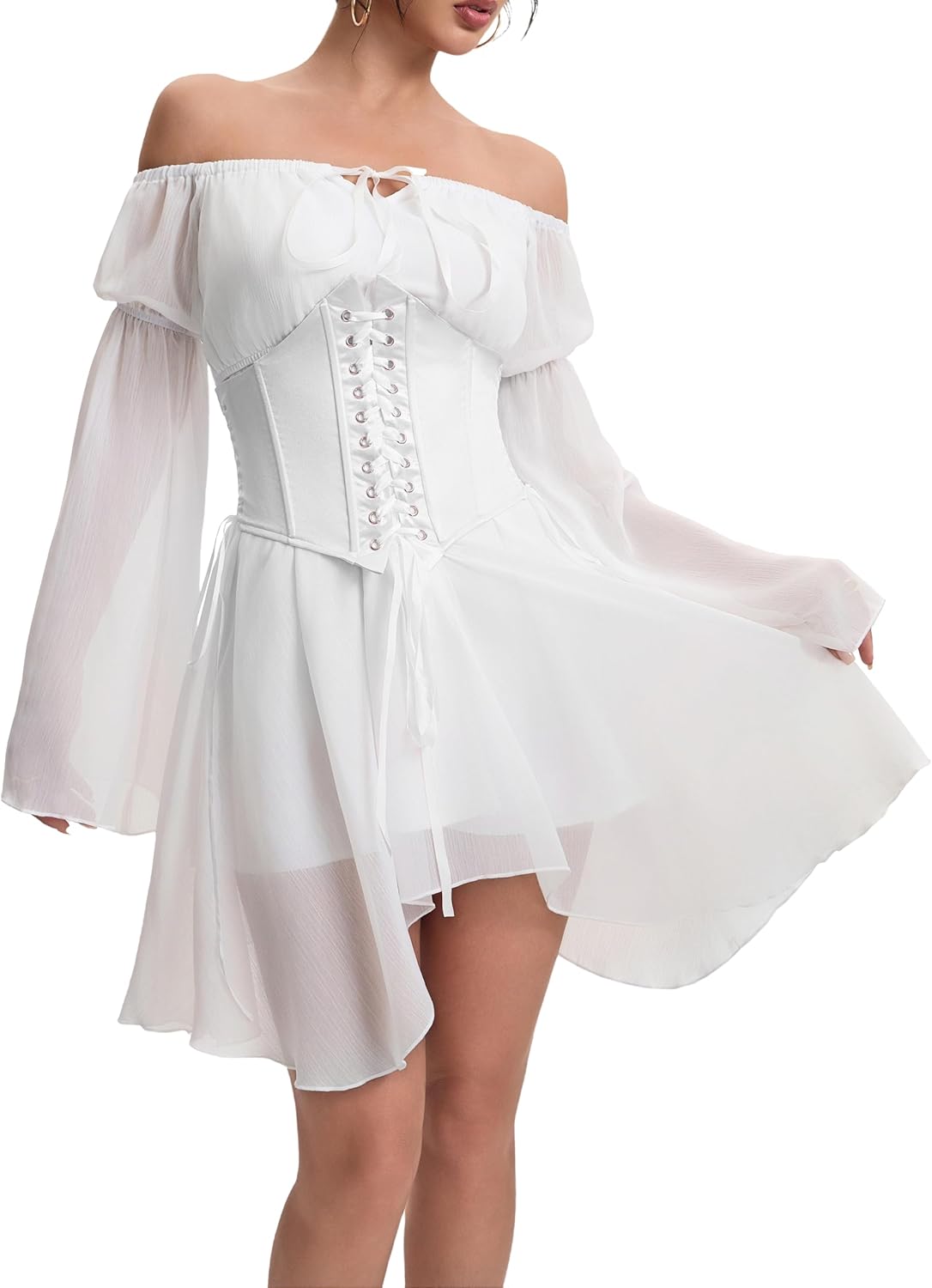 Womens Corset Dresses Off Shoulder Bell Sleeve Casual Party Fairy Two Piece Outfits Bustier Dress - Image 2