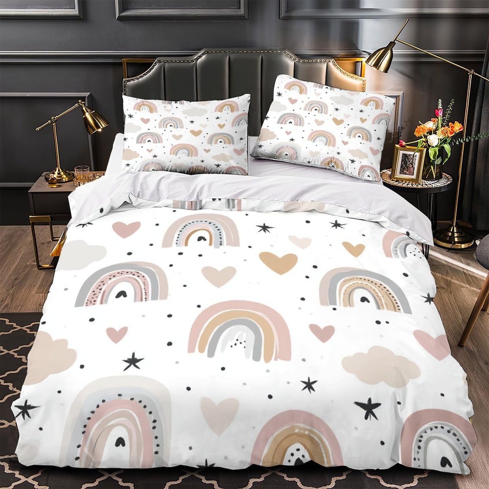Parure de lit enfant 3D arc-en-ciel en microfibre douce avec housse de couette single