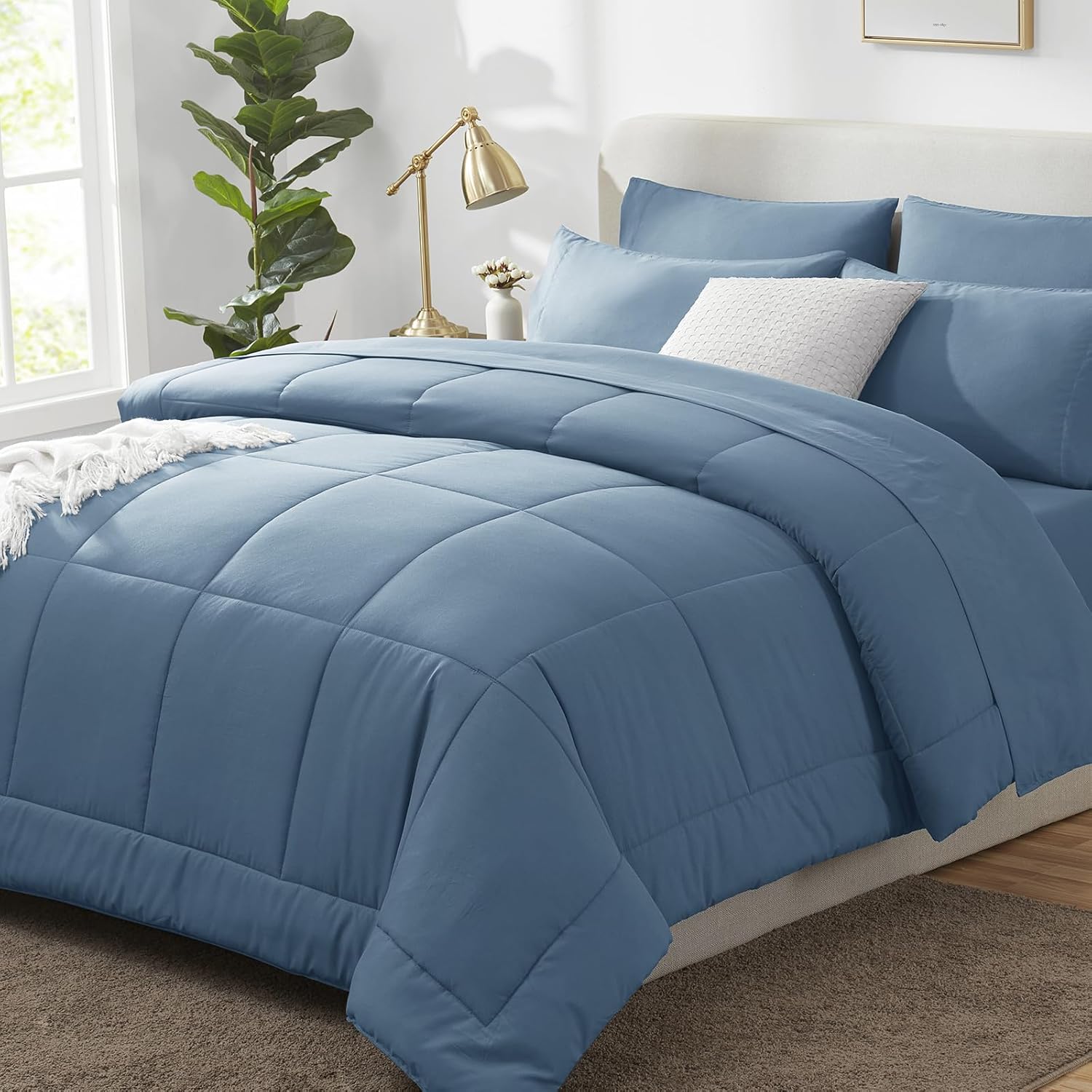 CozyLux Oversized Queen Comforter Sets Dusty Blue, 7 Pieces Bed in a Bag, Ultra-Soft All Season Bedding Sets with Stitch Quilted Comforter, Flat Sheet, Fitted Sheet, Pillowcases, Grayish Blue