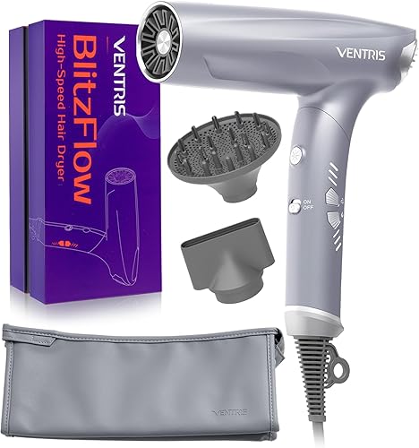 VENTRIS Secador de pelo iónico de alta velocidad de 1400 W, secado rápido, ligero, de bajo ruido, con difusor magnético y concentrador, botón de