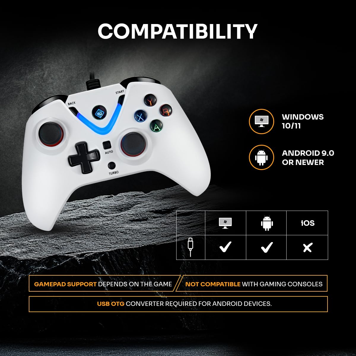 Cosmic Byte ARES Wired Controller for PC, Hall Effect Joystick & Triggers, Dual Vibration, Backit ABXY Buttons, Turbo, Auto Turbo (White) — Amazon image 7