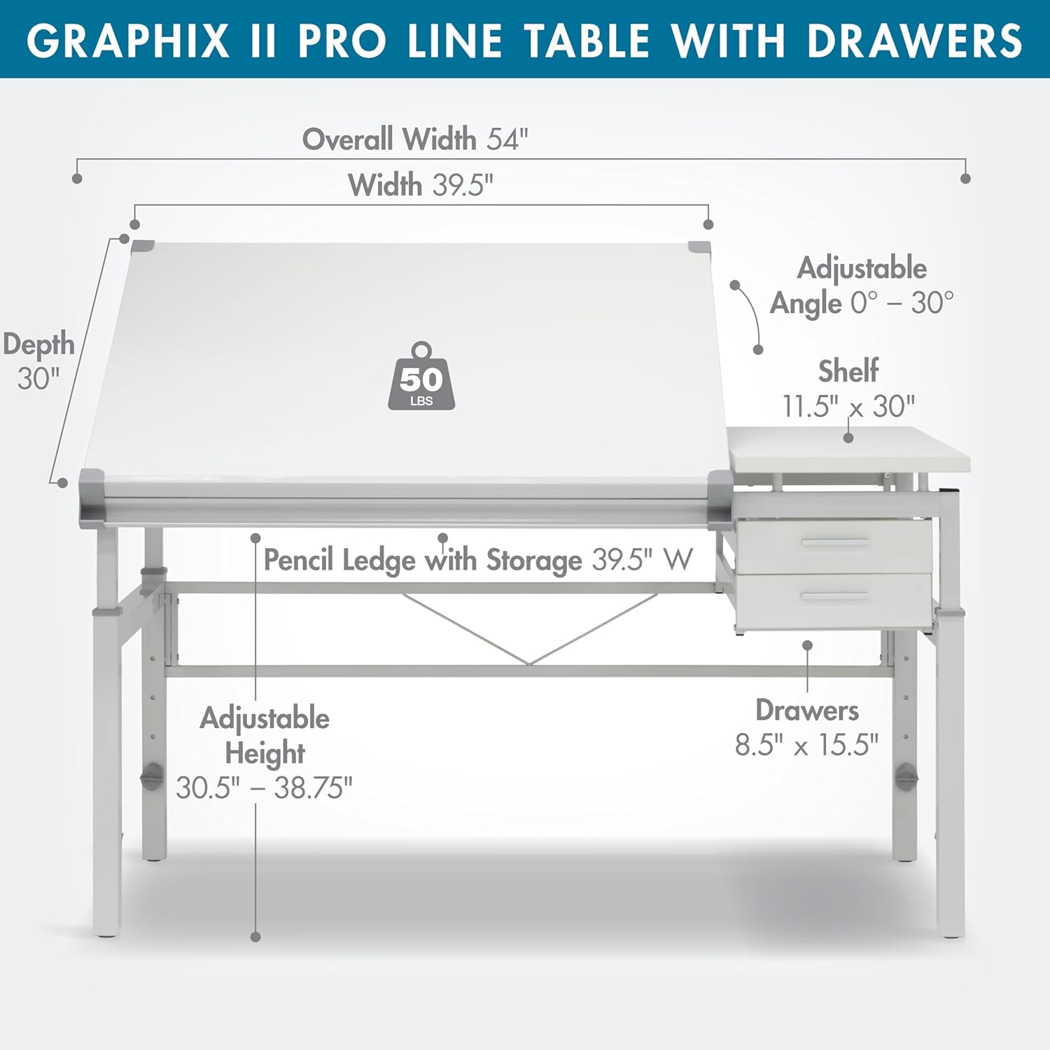 Studio Designs Graphix II Pro Line Split Top Height Adjustable Drafting, Drawing Table with 39.5" x 30" Tilting Top,White
