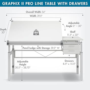 Studio Designs Graphix II Pro Line Split Top Height Adjustable Drafting, Drawing Table with 39.5 x 30 Tilting Top,White