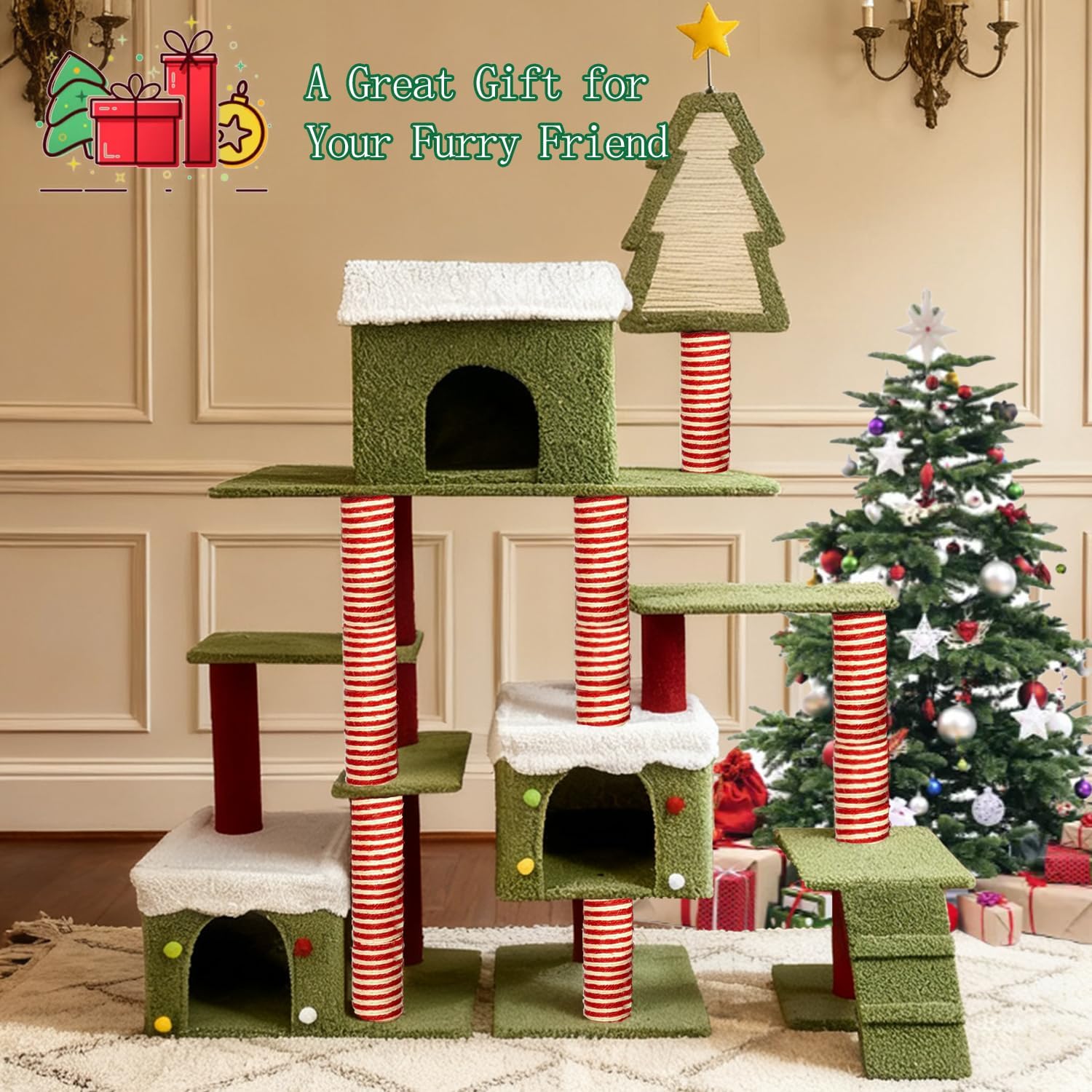 Extra Large 74-Inch Tall Cat Tree w/Widened Perch for Large Cats, Big Cat Tower Indoor, Modern Multi-Level Activity Tower with Scratching Posts, Condos, Baskets, Hammock, Scratching Ramps