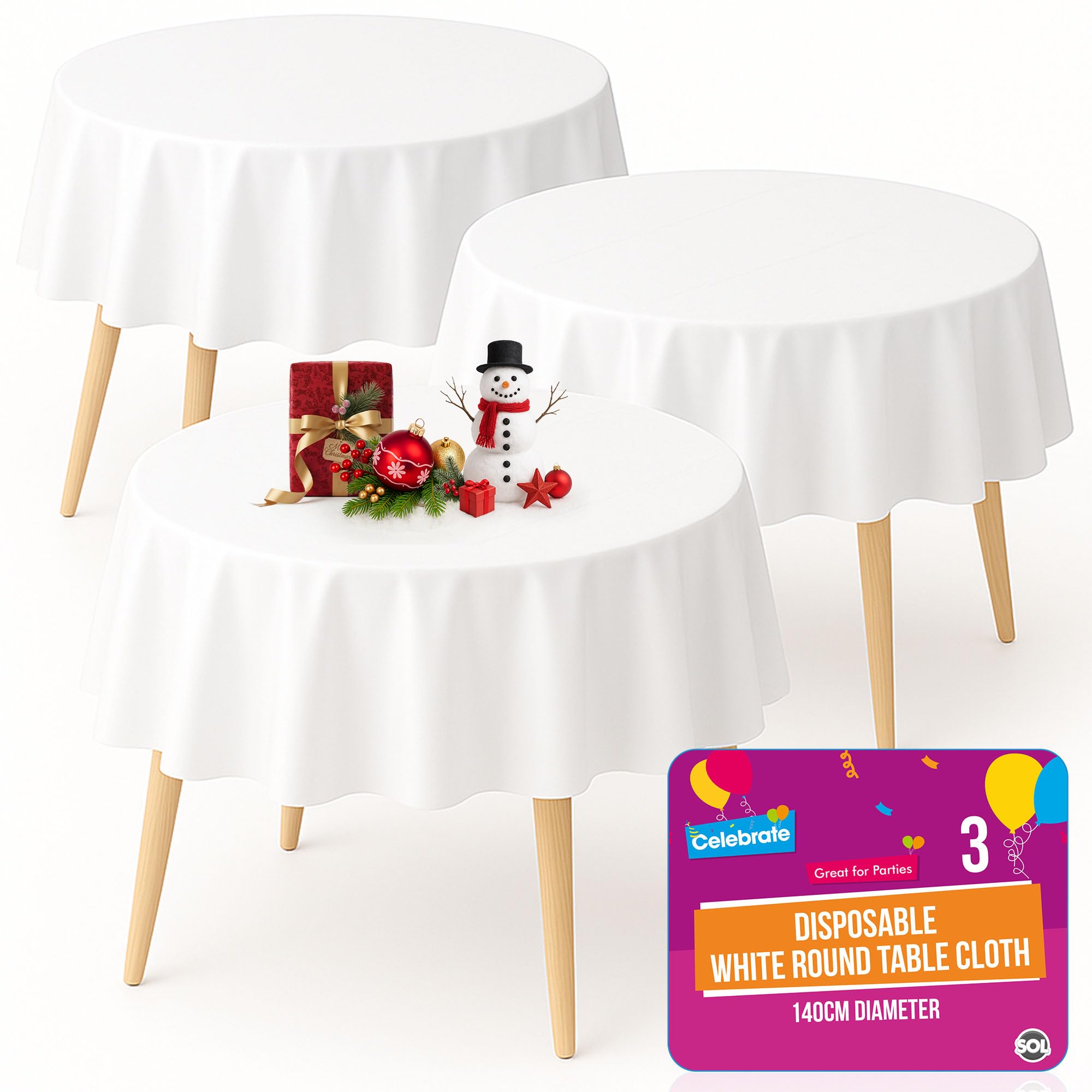 SOL 3pk White Round Table Cloth Disposable 140cm Plastic Circular Party Cover - Durable Spill Protection - Christmas Decorations New Years Eve 2026 Birthdays Christening, Weddings, Anniversaries