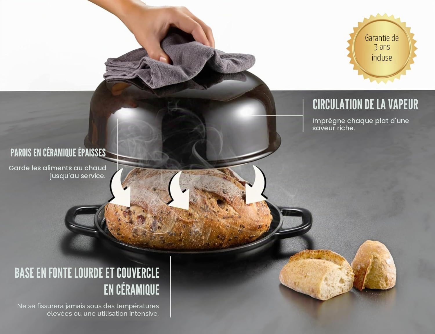 Kook Four à pain, poêle à levain avec couvercle et poignées, poêle en fonte émaillée et couvercle en céramique, pour la cuisson, la cuisson, le rôti, noir