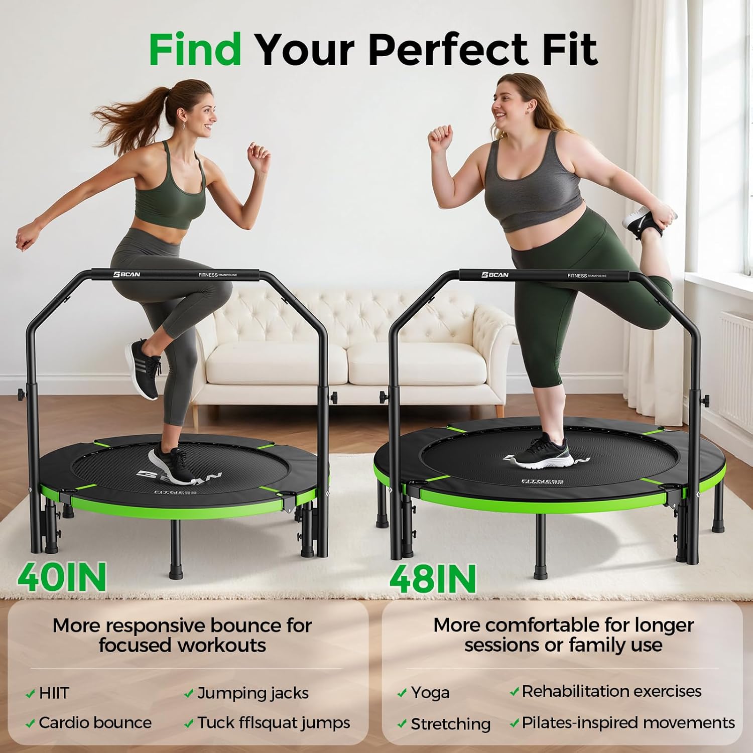 BCAN 40"/48" Foldable Mini Trampoline, Rebounder Trampoline for Adults, U/T Adjustable Foam Handle, Exercise Rebounder for Adults Indoor/Garden Workout, Max Load 330lbs/440lbs