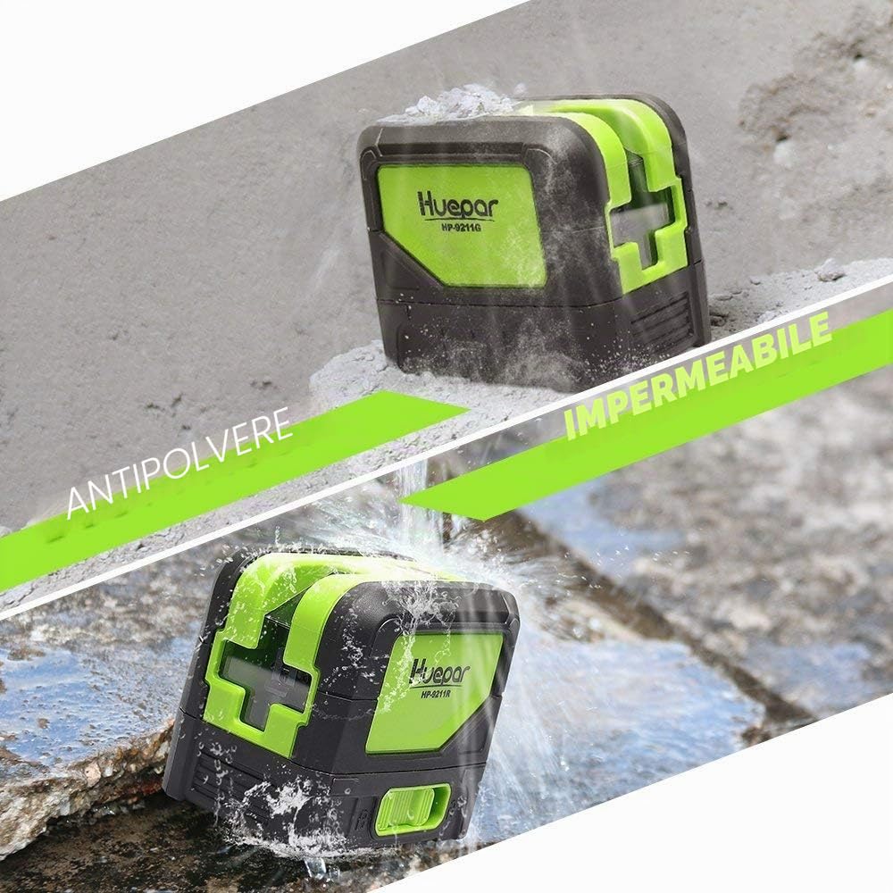 Huepar Livella Laser Verde con 2 Punti a piombo a Modalità Impulso, Livella Laser Autolivellante a Croce, 110 Orizzontale / 180 Verticale, Base Magnetica Rotante Inclusa, 9211G