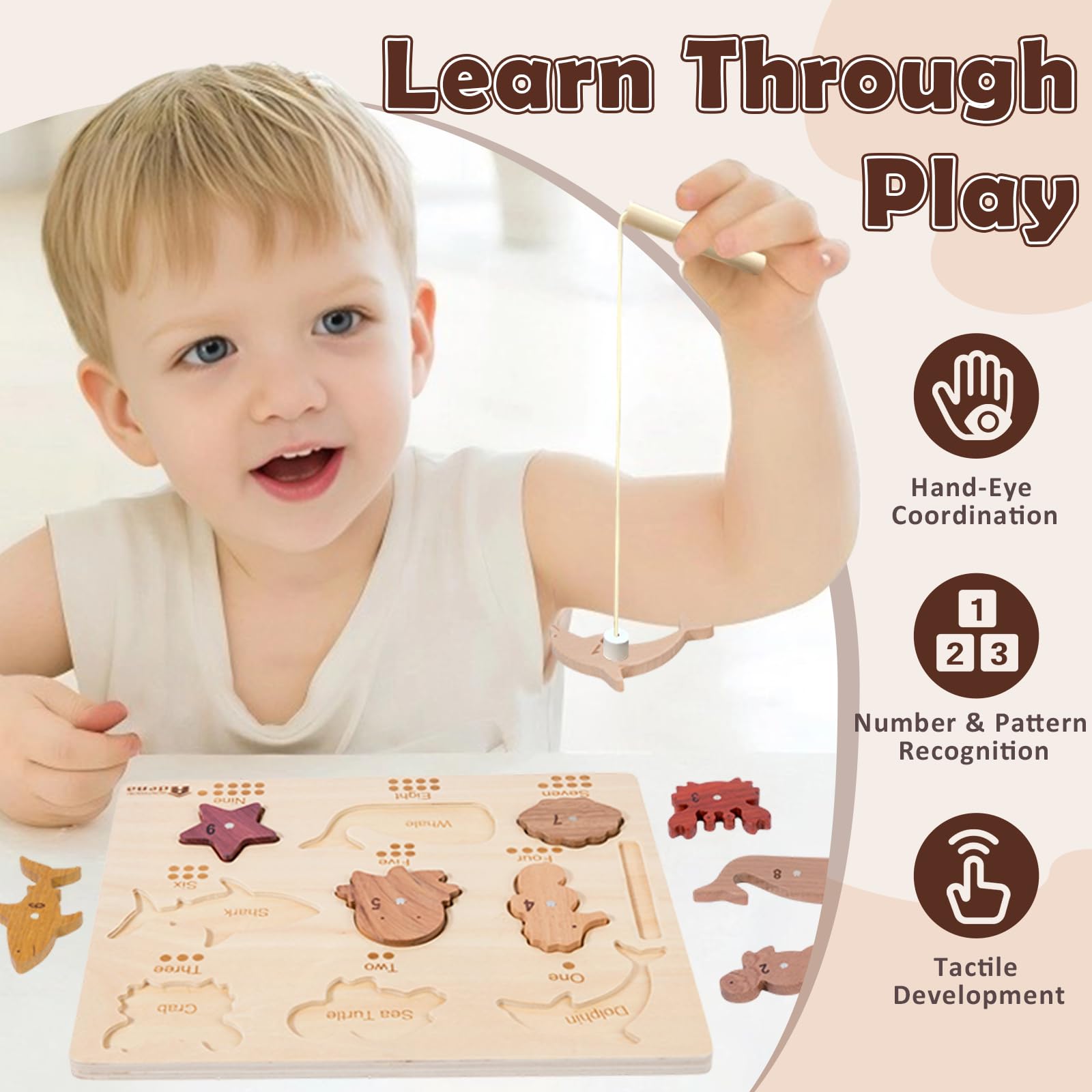 Magnetyczna drewniana gra wędkarska dla maluchów 1-3, puzzle Montessori z liczącymi numerami, magnesy dla dzieci 3-5, drobne umiejętności motoryczne, prezenty dla dziewczynek i chłopców