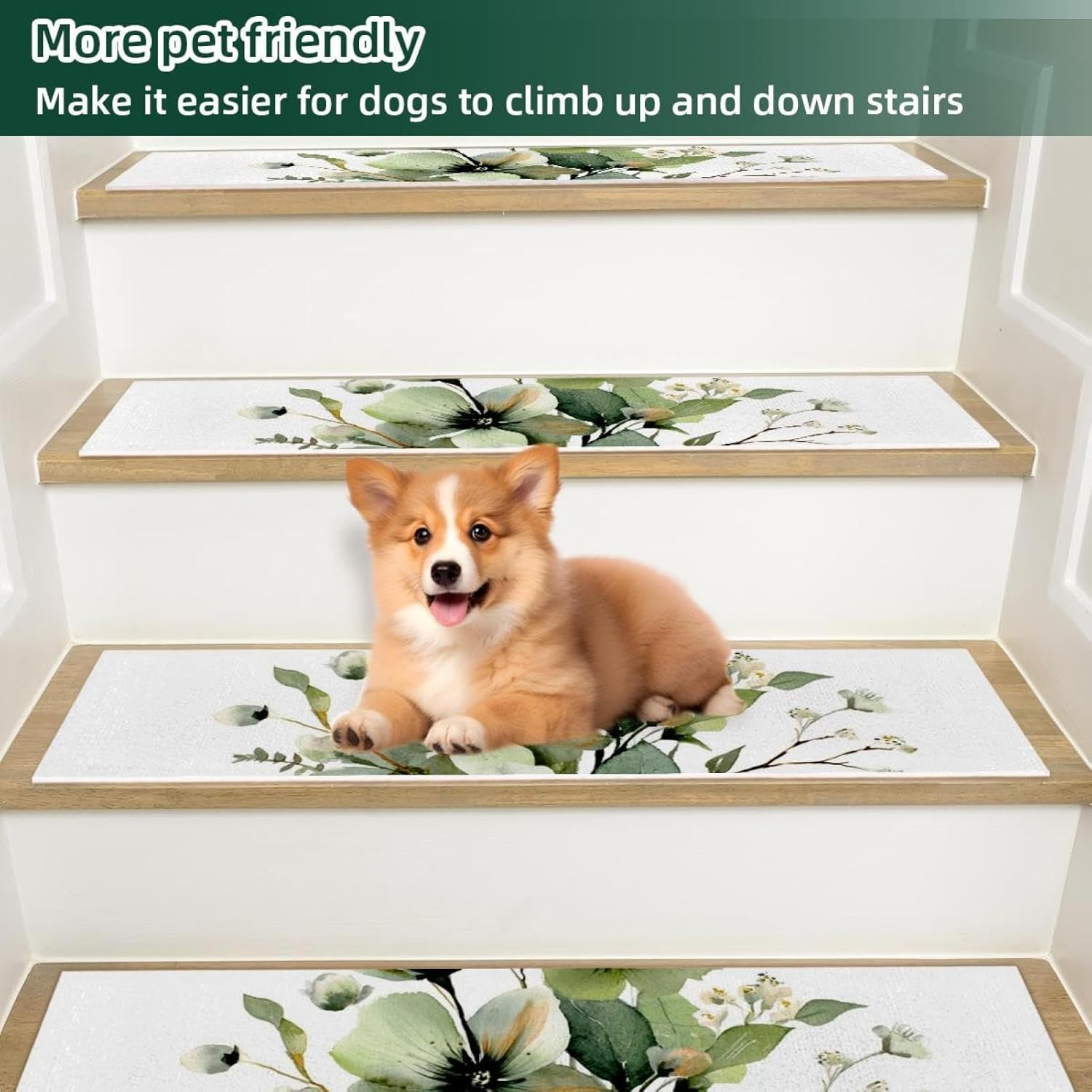 Green Grey Branches (3) Carpet Stair Treads for Wooden Steps Indoor, 15 Pack Slip Resistant Stair Rug Staircase Step Treads Pads for Pet, Kids and Elderly