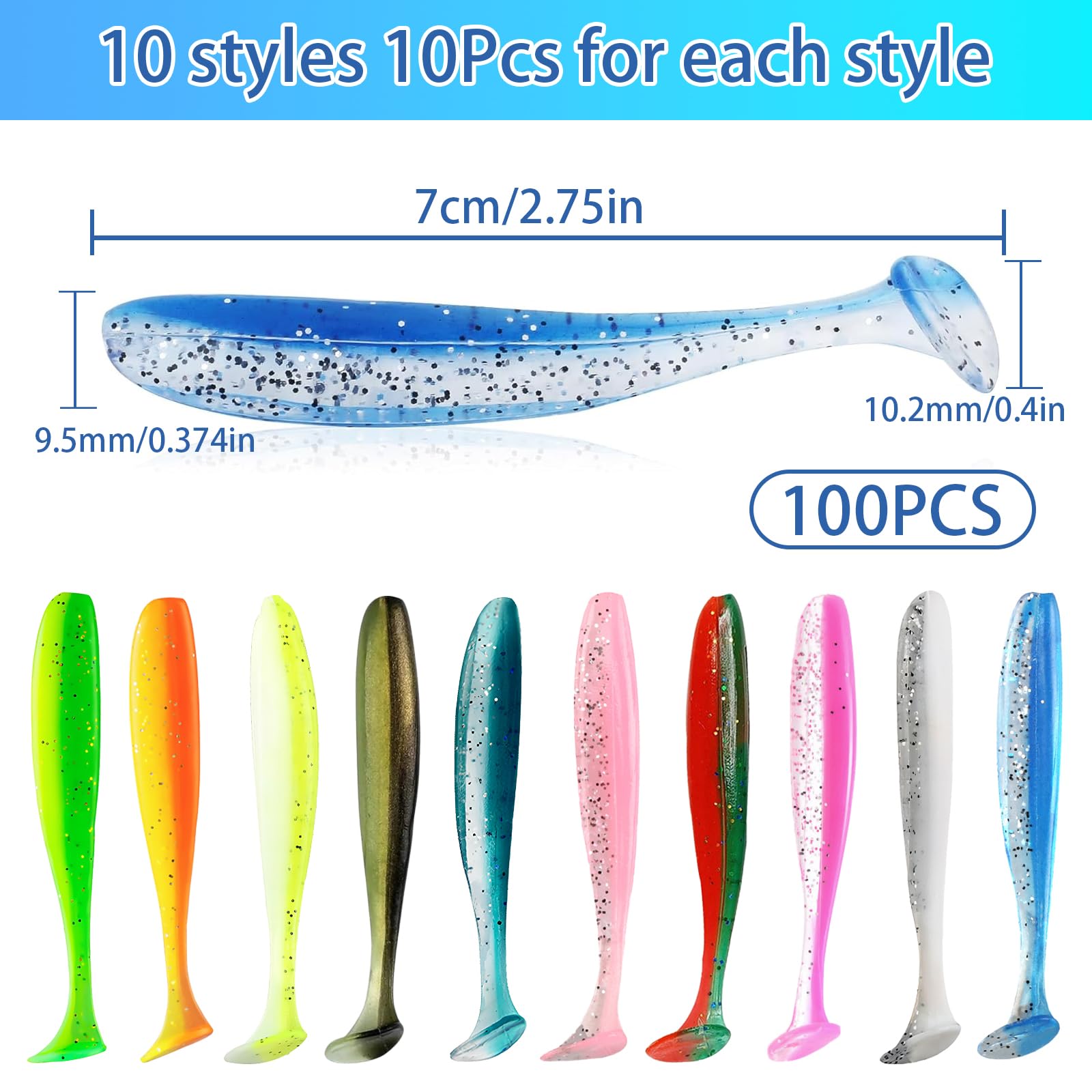 Set di 100 esche da pesca in gomma, 7 cm, set di 10 colori per pesce persico e luccioperca