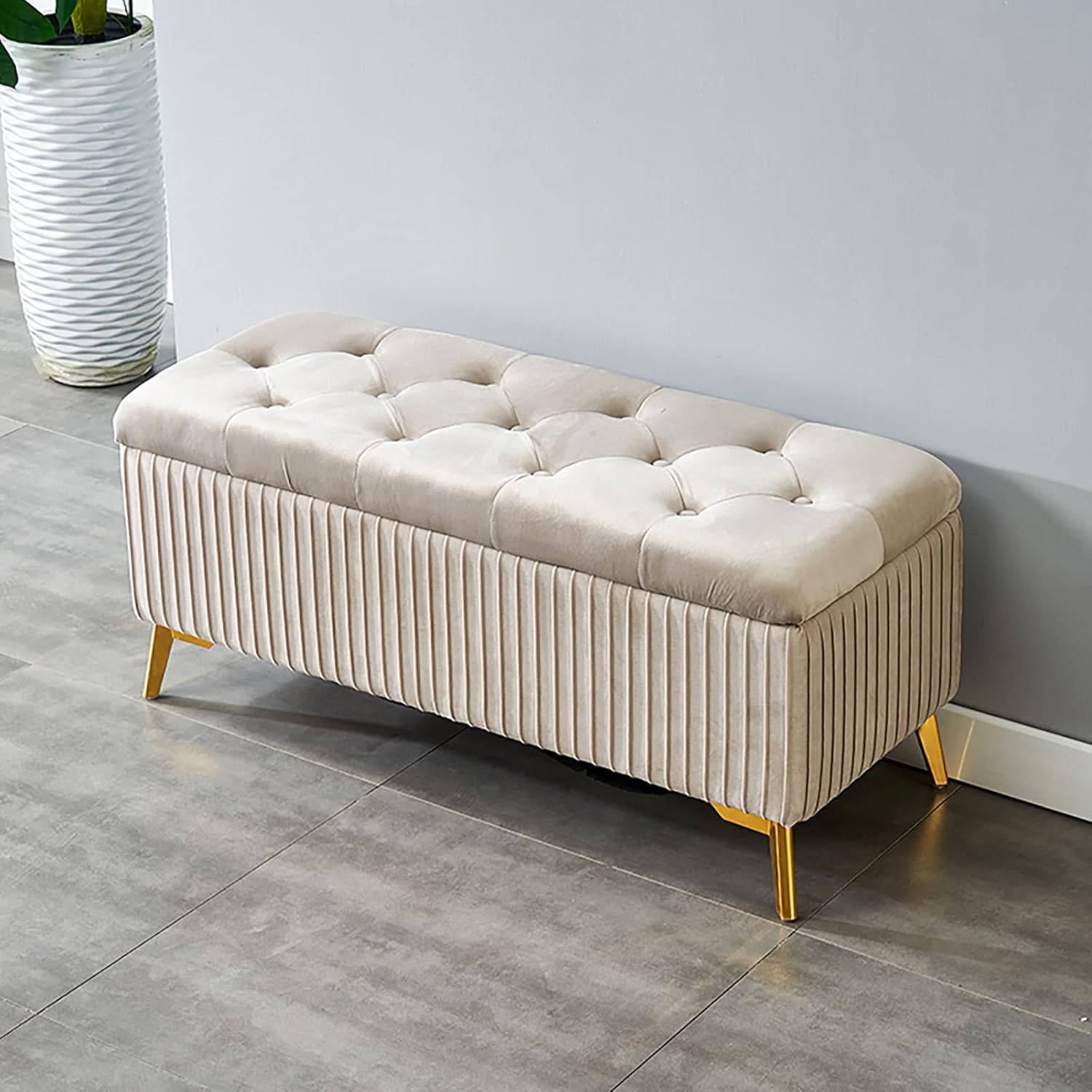 Modern Velvet Unpholstered Flip Top Storage Bench 2 Seater Sofa Upholstered Ottoman Bench with Golden Steel Legs Storage for Living Room, Bedroom(Brown)-picture-12