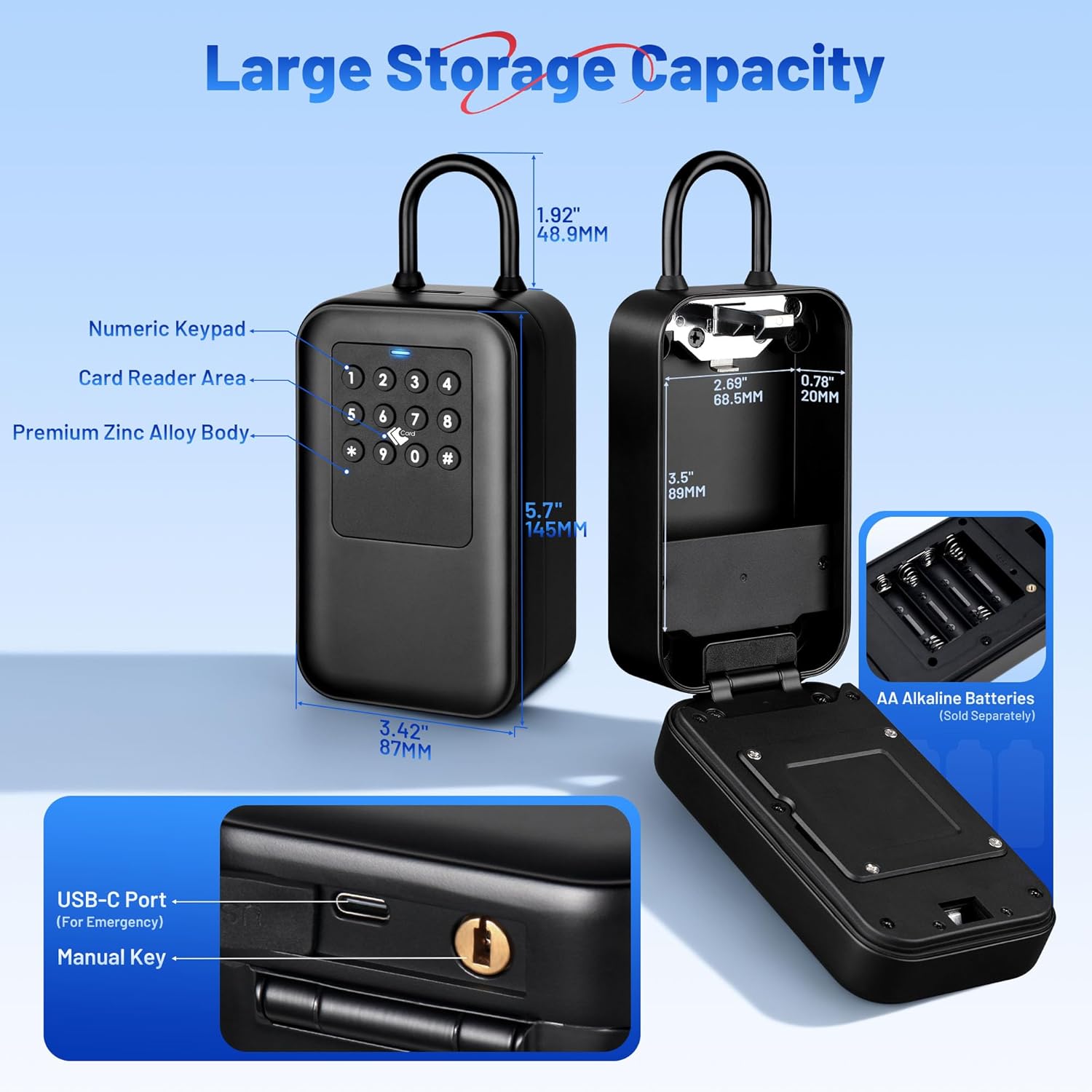 Smart Key Lock Box with Bluetooth TTLock APP Control, Silicone Keypad IP65 Waterproof USB-C & Manual Key Emergency Unlock Large Capacity for Outdoor Home & Airbnb