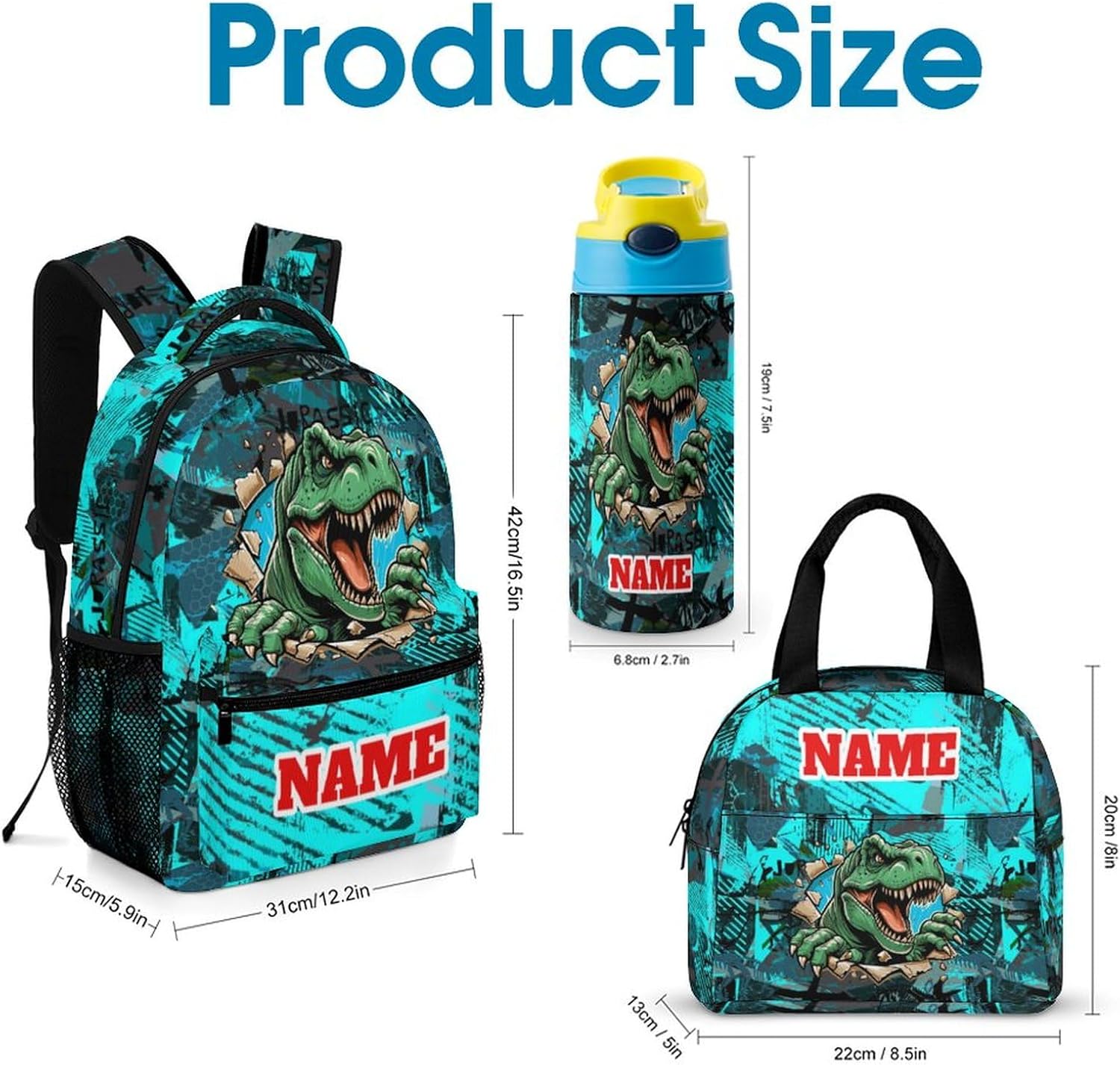 Custom Kids Backpack Set Personalized Name Text Dinosaur Skeleton Camouflage Backpack with Lunch Box Kids Water Bottle Customized Set of 3 School Bookbag