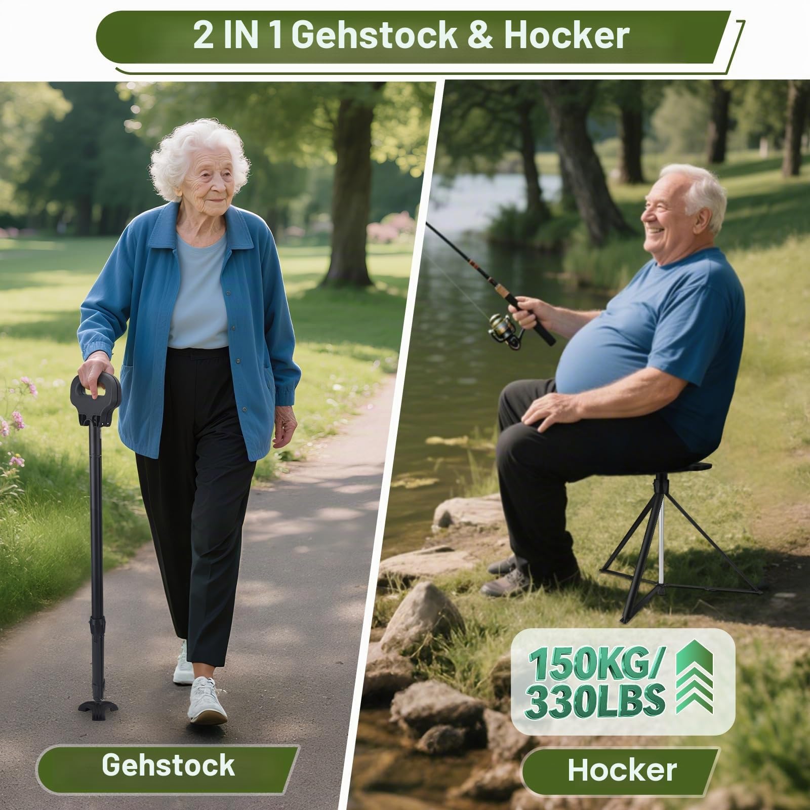 Tragbarer Gehstock mit Sitz, Verstellbarer Gehstock mit Sitz, Faltbarer, Leichter, Rutschfester Aluminium-Gehstock für Erwachsene, 330 lbs, Gehstockstuhl für Wanderungen mit Tragetasche
