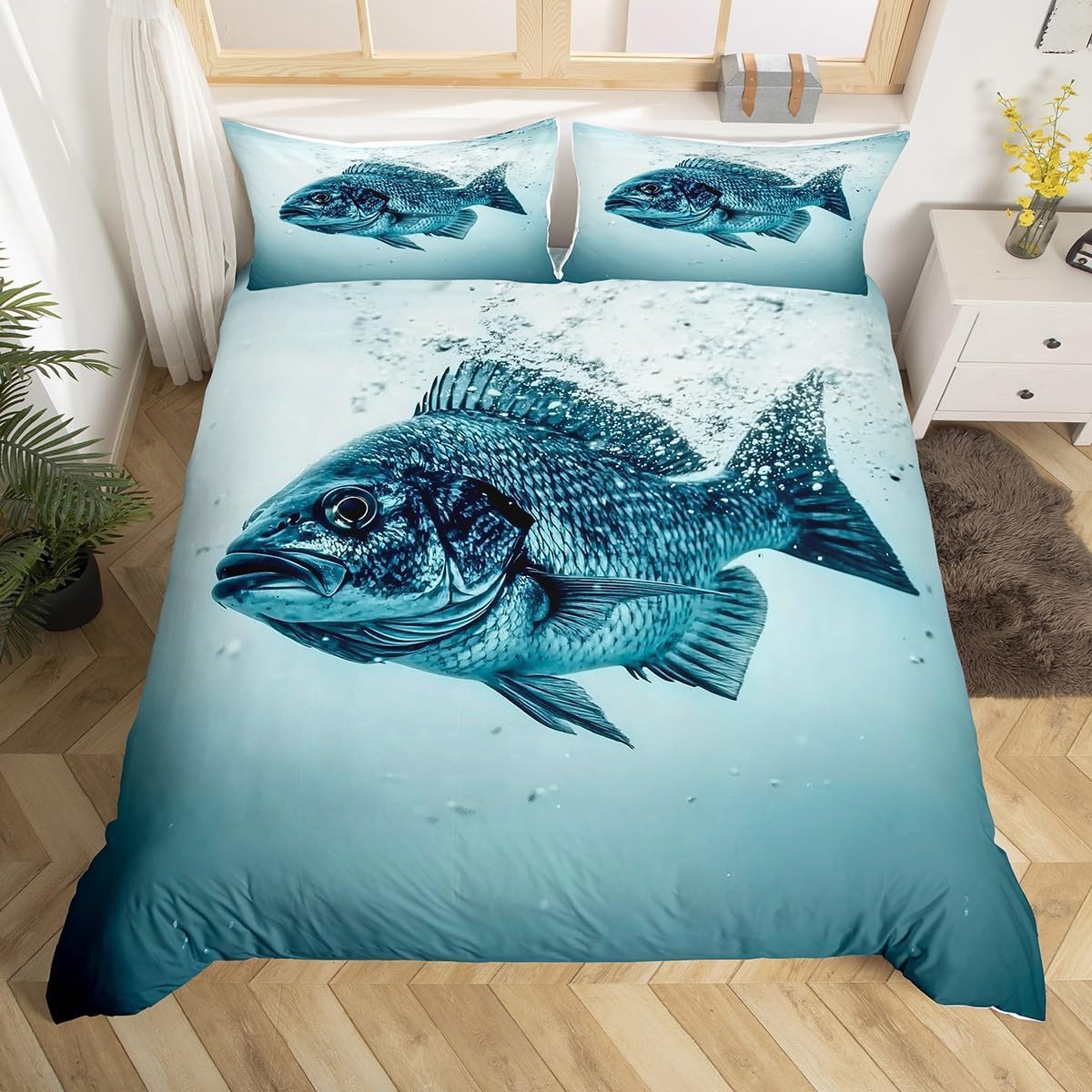 Parure de lit 200x200 poisson en microfibre avec housse de couette et 2 taies d'oreiller