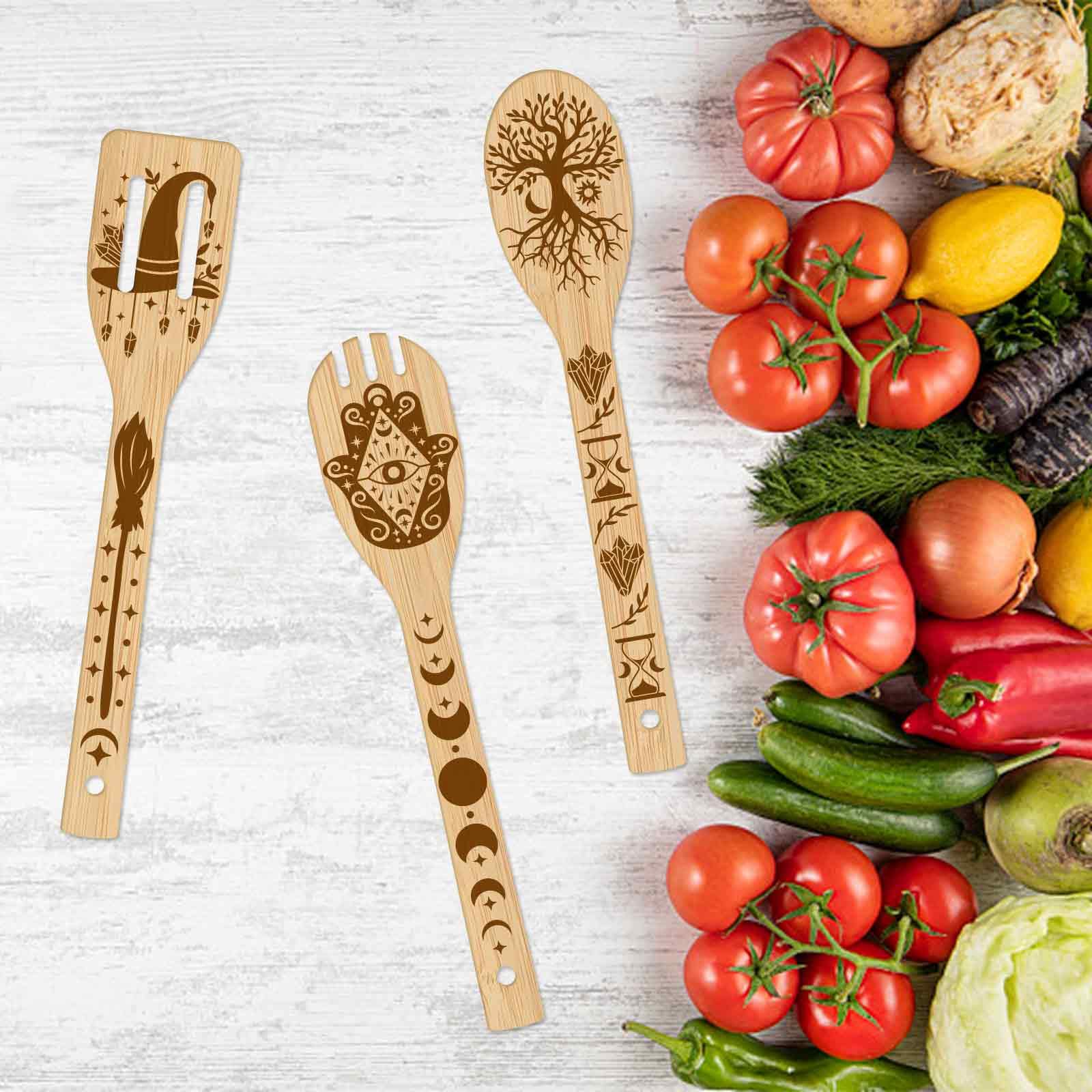 Ensemble De 6 Ustensiles De Cuisine En Bambou Gravés Motif Chat - Spatules Et Cuillères, Cadeau Mignon Pour Cuisiner - 9