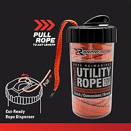 Rapid Rope Canister 120ft Orange Flat Tactical Paracord, Made in USA, 1100lb Tested Heavy Duty Poly Rope Test Cord, Non-Tangle Dispenser Included - Hiking, Camping, Survival, Utility, Climbing