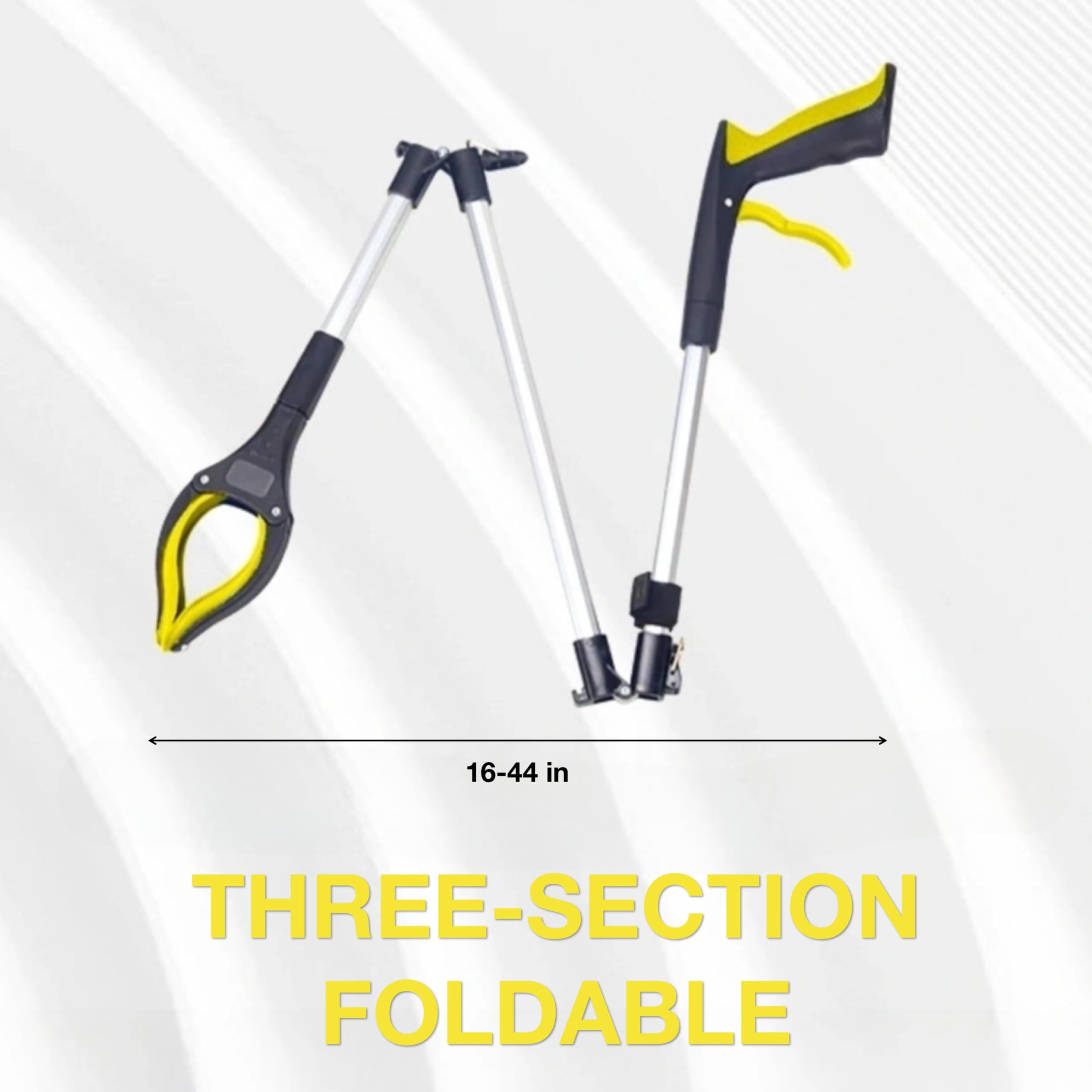 44 Inch Grabber Reacher Tool, Three-Section Foldable Long Reach Grabber, Trash Fruit Pickup Stick Tool with 360° Rotatable Strong Magnetic Grabber Head Aluminum Alloy Rod (Yellow)