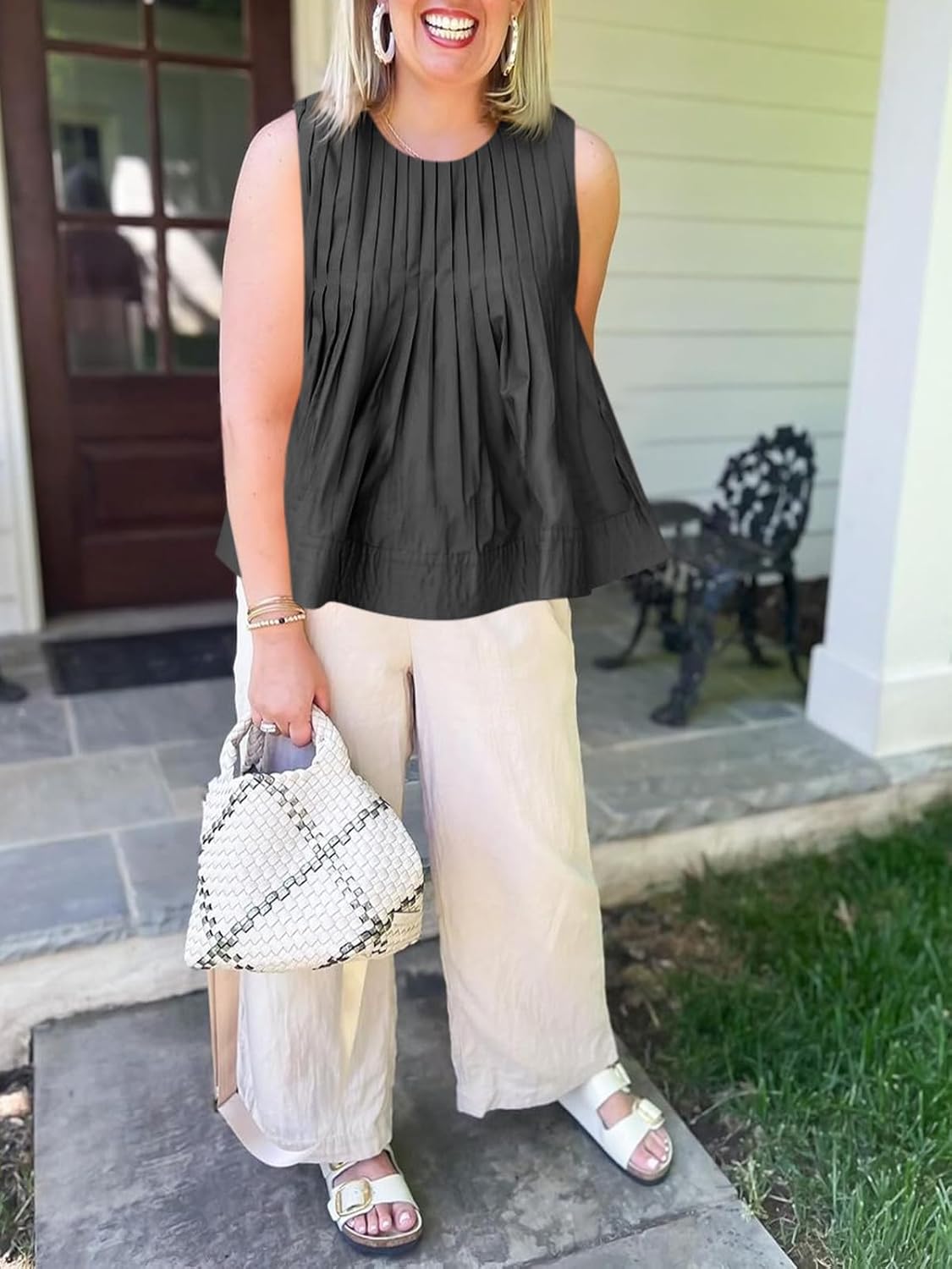 Cicy Bell Pleated Peplum Tank Tops for Women Summer Casual Sleeveless Womens Babydoll Blouse Flowy Cotton Shirt - Image 4