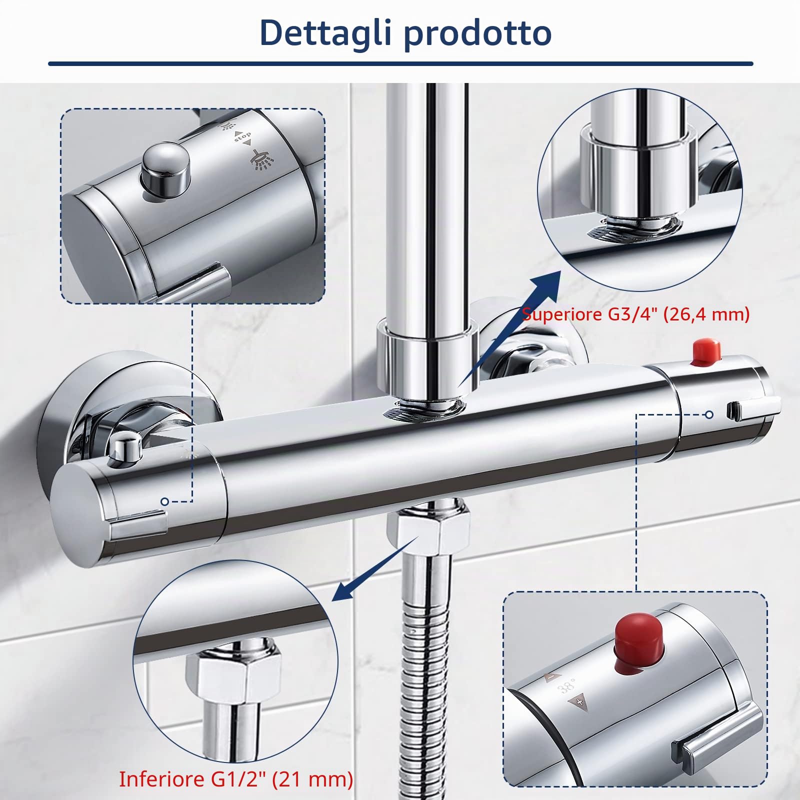 Rubinetto doccia con termostato, 2 prese, miscelatore doccia, rubinetto superiore 3/4 "BSP (26,4 mm) + inferiore 1/2"BSP (21 mm), in ottone, protezione contro scottature, termostato per doccia