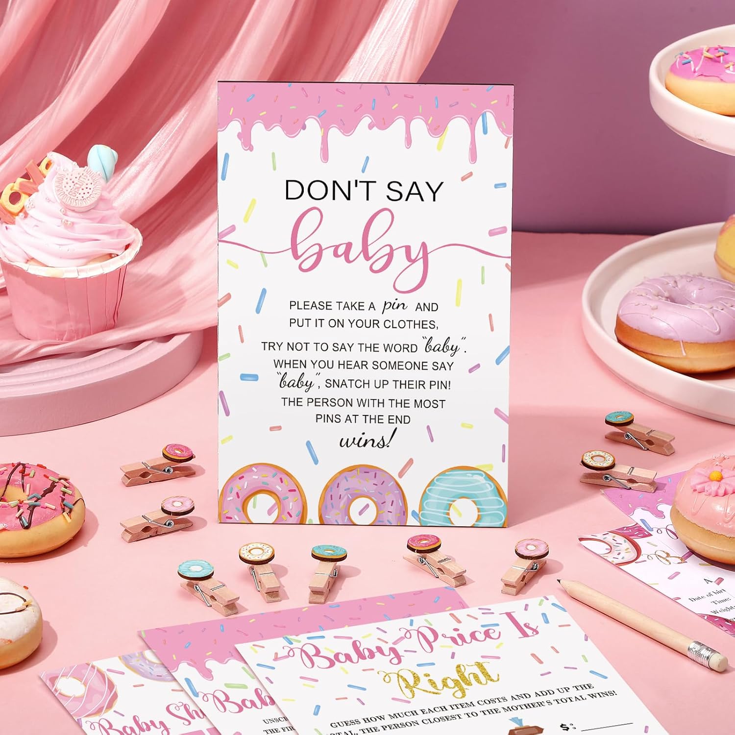 Patelai 321 Pcs Baby Sprinkle Decorations for Girl Sprinkled Baby Shower Donut Games Bingo Price Don't Say The Word Who Mom Clothespin for Pink Blue Sprinkle Donut Gender Reveal Party Decor Supplies