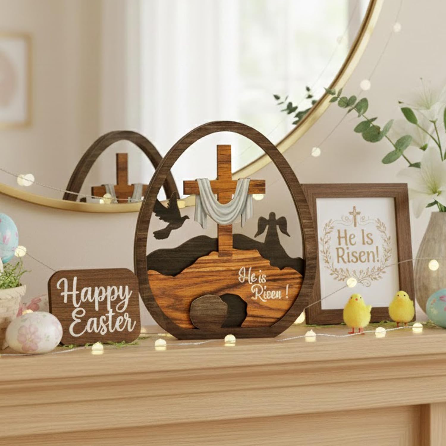 Easter Decorations with Easter Egg, He Is Risen Easter Decor – Religious Easters Cross Decoration for Home, Catholic Easterr Gift and Catholic Gifts, Christian Religious Easters Decorations