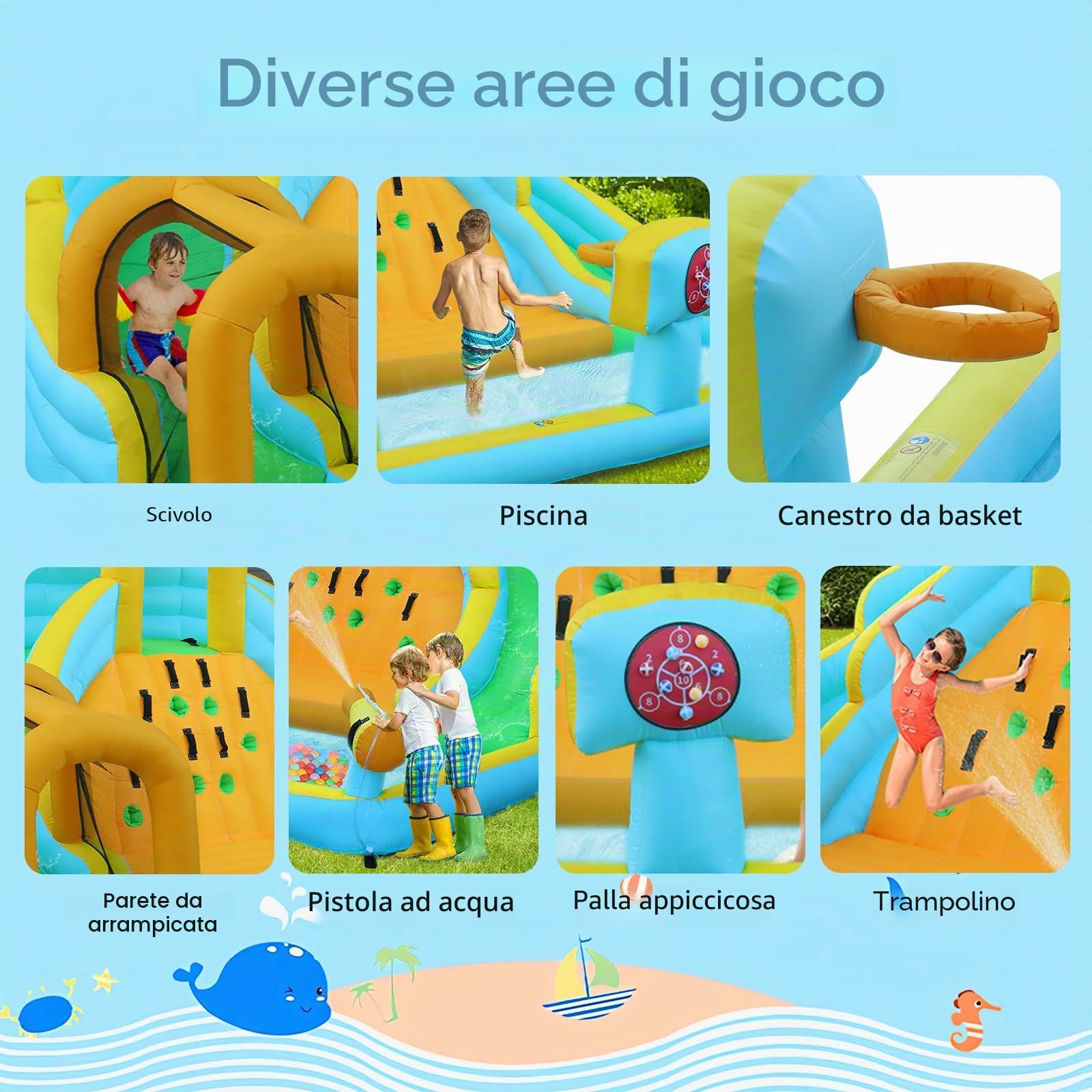 LALAHO Castello gonfiabile con tappeto elastico, scivolo, piscina, parete da arrampicata, 395 x 350 x 260 cm
