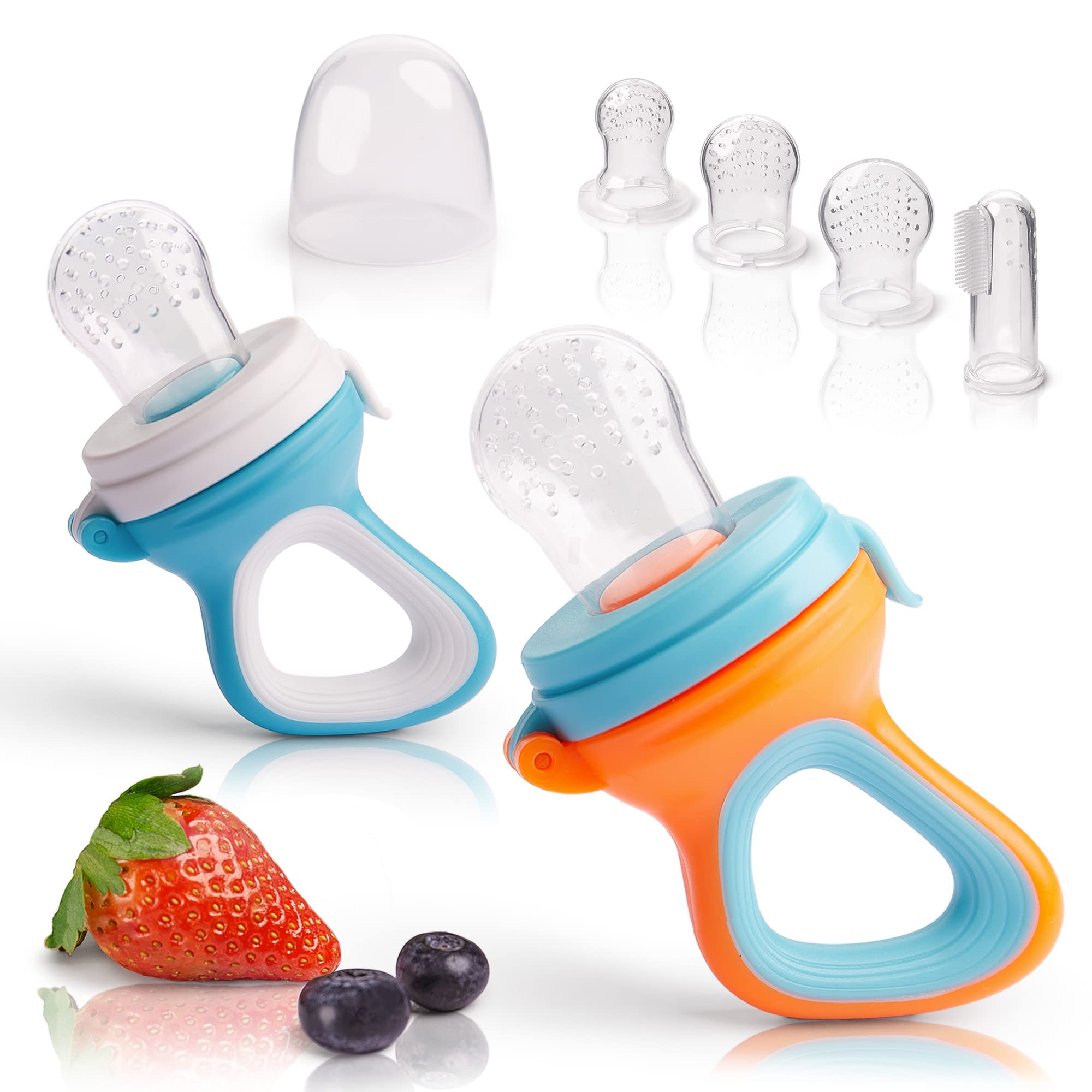 iFancy 2 tettarelle per neonati e bambini + 6 tettarelle di ricambio in 3 misure | In silicone igienico, sicuro e senza BPA | Per frutta, verdura, porridge e altro ancora. | Tettarella | Rosso/Blu