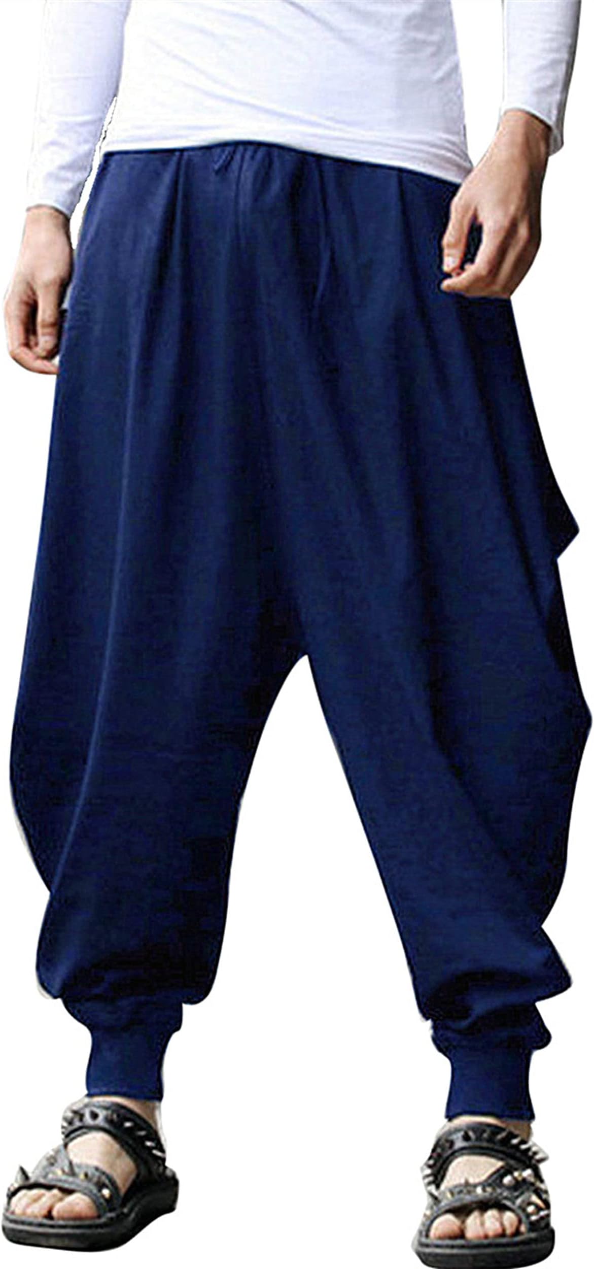 perdontooMens Drawstring Harem Pants Loose Fit Elastic Waist Aladdin Hippie Anime Sweatpants