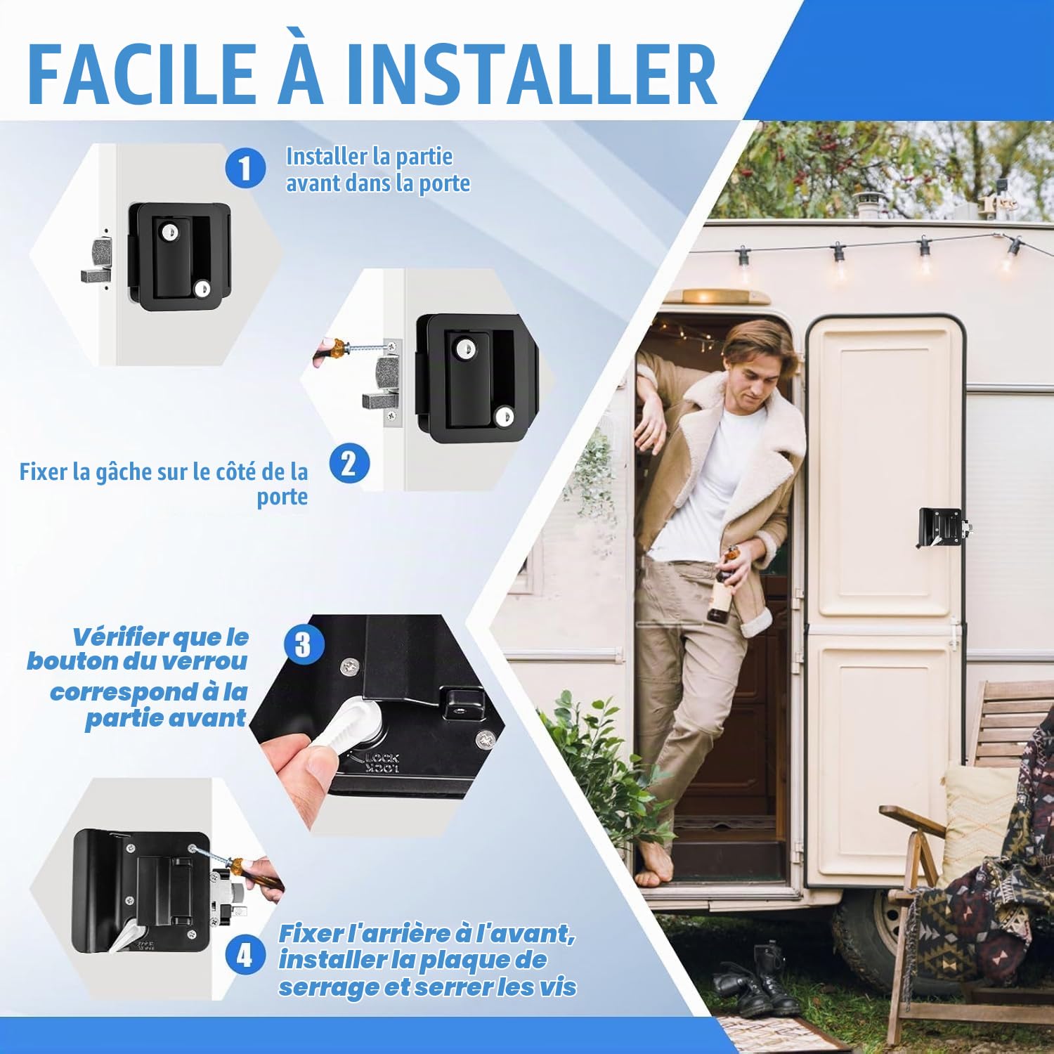 Serrure de Porte de Caravane, Loquet de Porte de Camping-Car avec Clés, Verrou de Porte d'entrée à Double Ouverture en Alliage de Zinc, Serrure Camping Car pour Camion, Remorque de Voyage