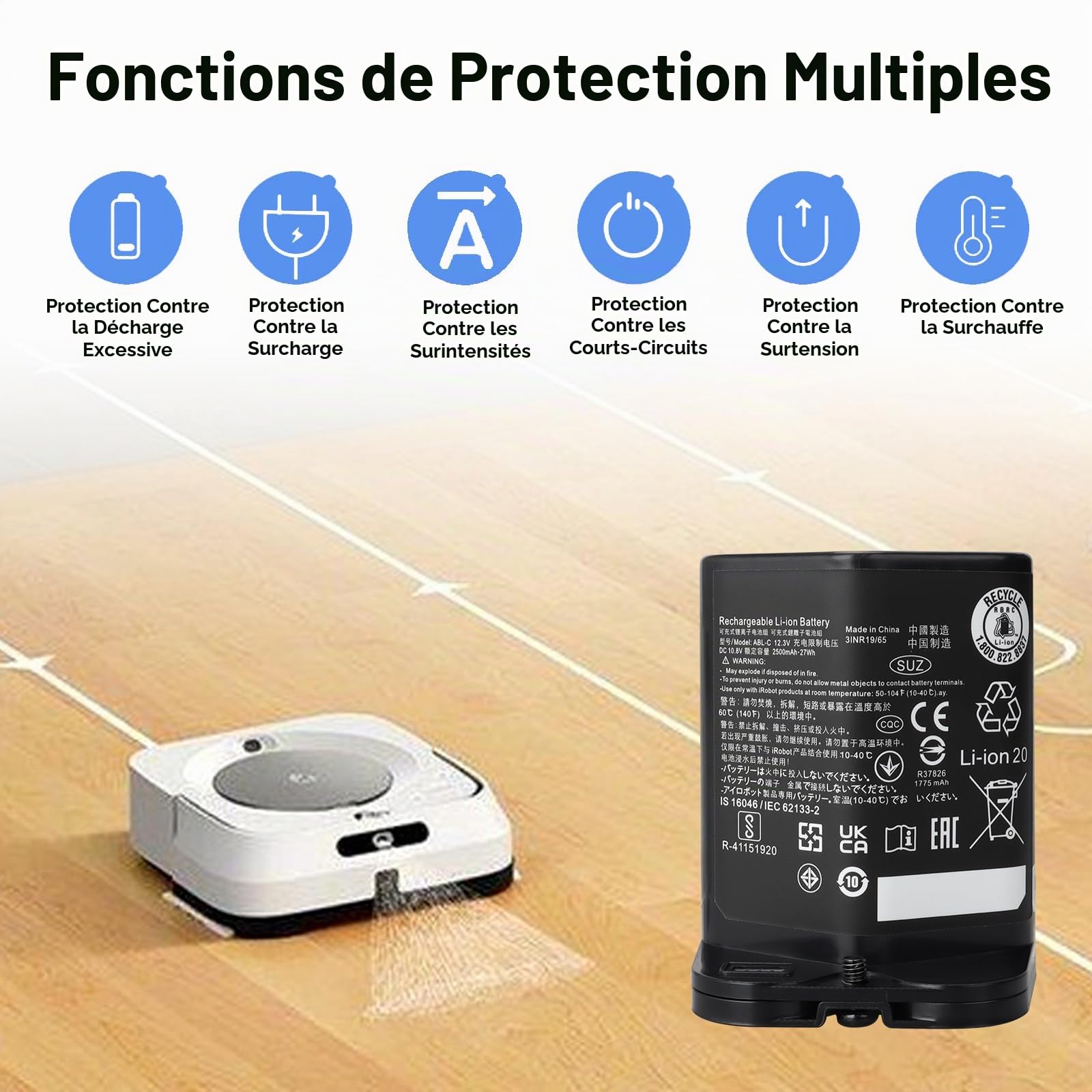 Batterie de Remplacement 10,8 V 2500 mAh pour iRobot Braava Jet M6 (6110) Series, Batterie Li-ION pour aspirateur M611020/M612880/M612680/M614480 ABL-C Series 3INR 19/65