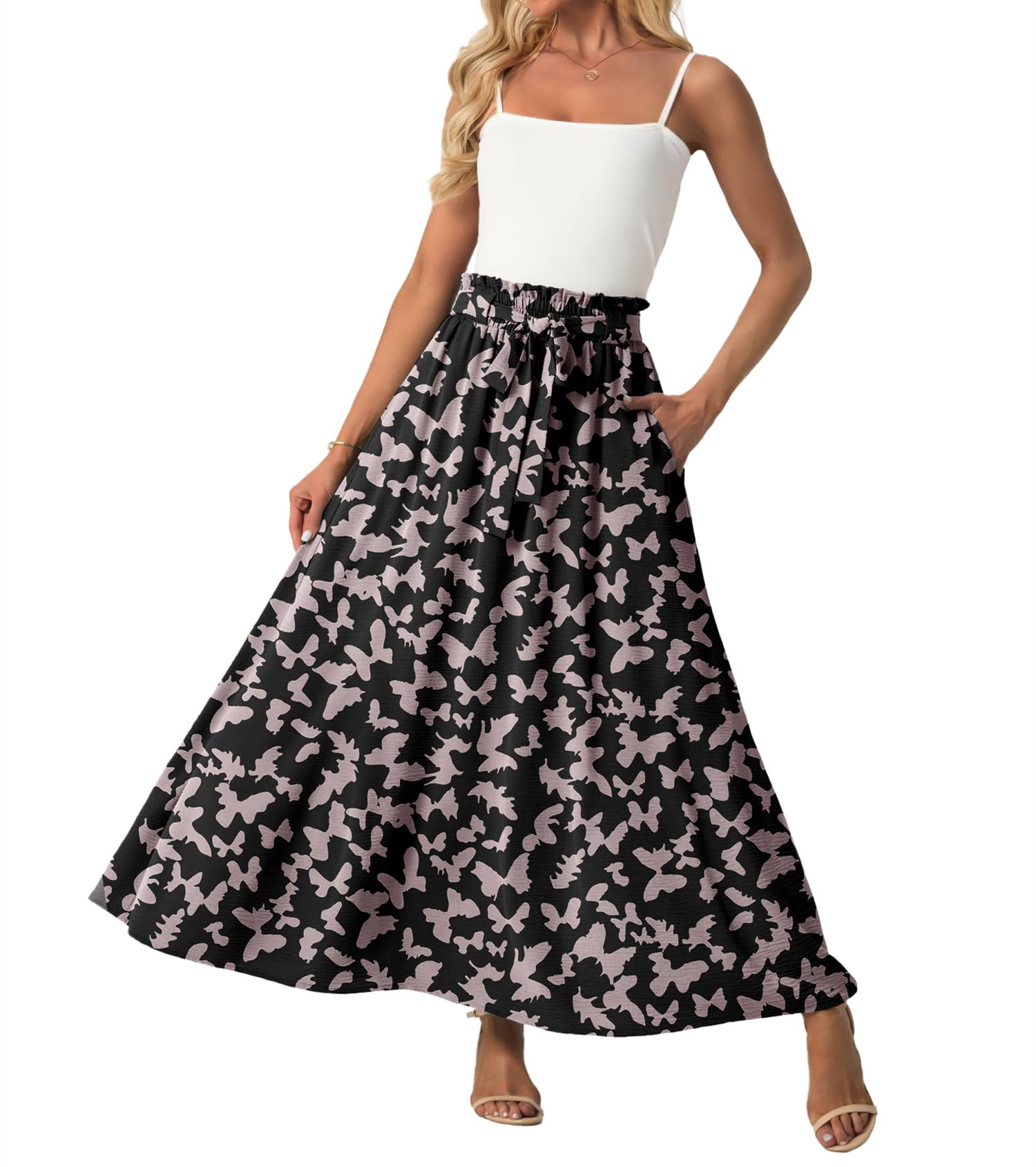Lepunuo Womens Maxi Skirts Casual Boho Elastic High Waisted Flowy Long Skirts Trendy Floral Cute Skirts with Pockets