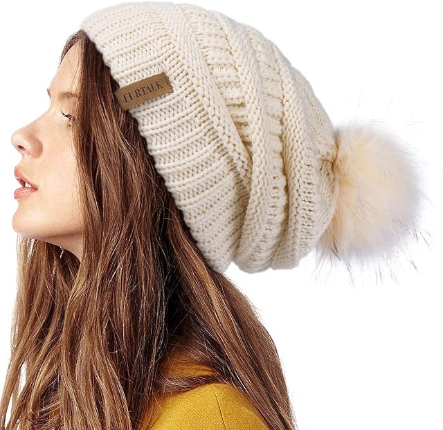 FURTALK Beanie Hat for Ladies Double Layer Fleece Line Winter Rib Knit Hats with Pom Pom Hat