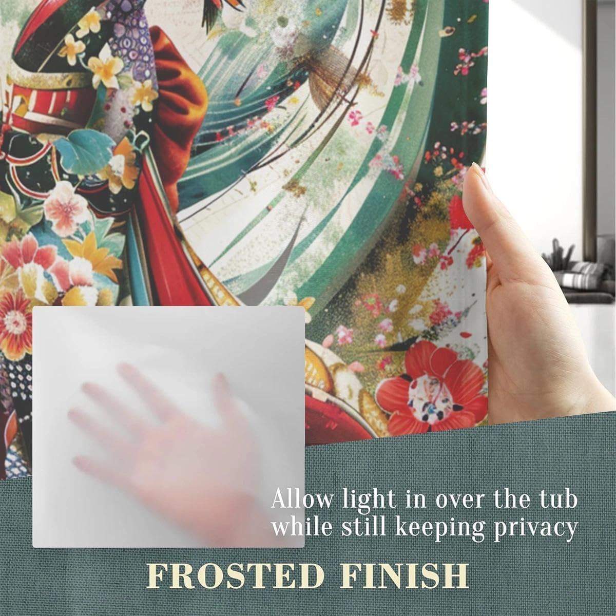 Japanese Geisha Bathroom Set, 4-Piece with Shower Curtain 71x71, Bath Mat, Contour Rug, Toilet Lid Cover, Cherry Blossom Design