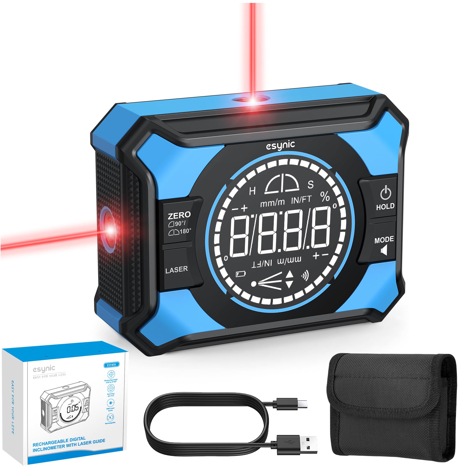 eSynic Inclinómetro Digital 3 en 1 con Láser, Transportador de Ángulos Magnético Recargable por USB-C, Precisión ±0.1°, Pantalla LED, 4×90°/2×180°, para Cuadros, Azulejos y Carpintería