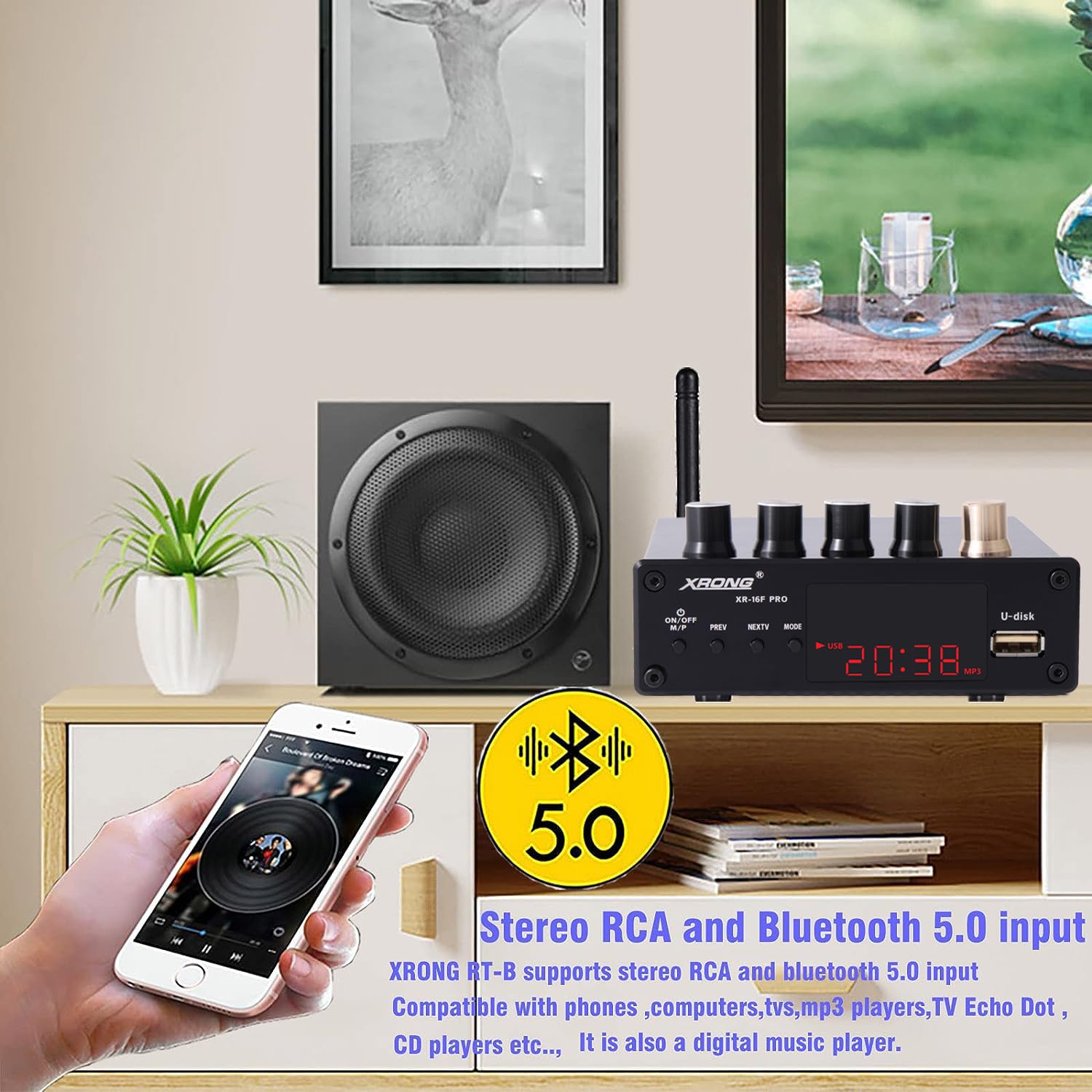 XRONG TF16B domowy wzmacniacz audio 100 Wx2 + 100 W subwoofer Bluetooth 5.2 Stereo HiFi 2.1 CH cyfrowy wzmacniacz dźwięku 24 bit/192 kHz klasa D wzmacniacz USB DAC i z pilotem (aktualizacja)