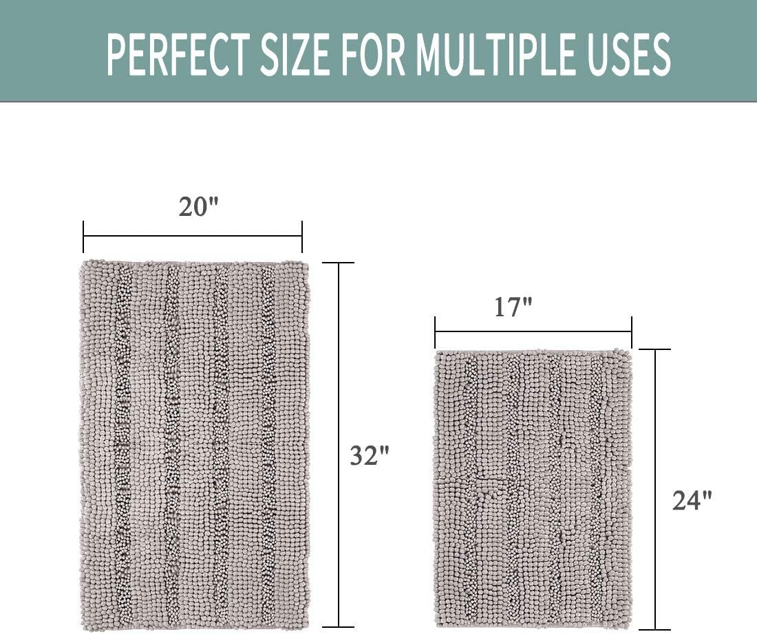XYWHPGV Tapis de Bain Super épais à Rayures Douces en Chenille Shaggy Tapis de Bain au lavables en Machine pour Salle de Bain, Tapis de Bain Absorbant l'eau Rapide et antidérapant, Gris 17 'x24' + 20
