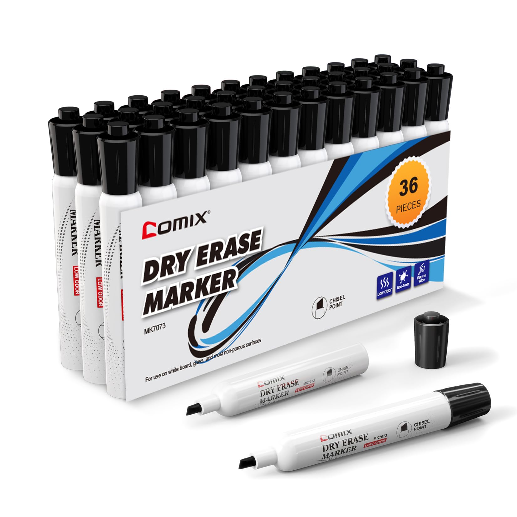 Comix Low Odor Dry Erase Markers, 36 Bulk Black Color Whiteboard Markers, Chisel Tip Thick Markers for Kids Teachers