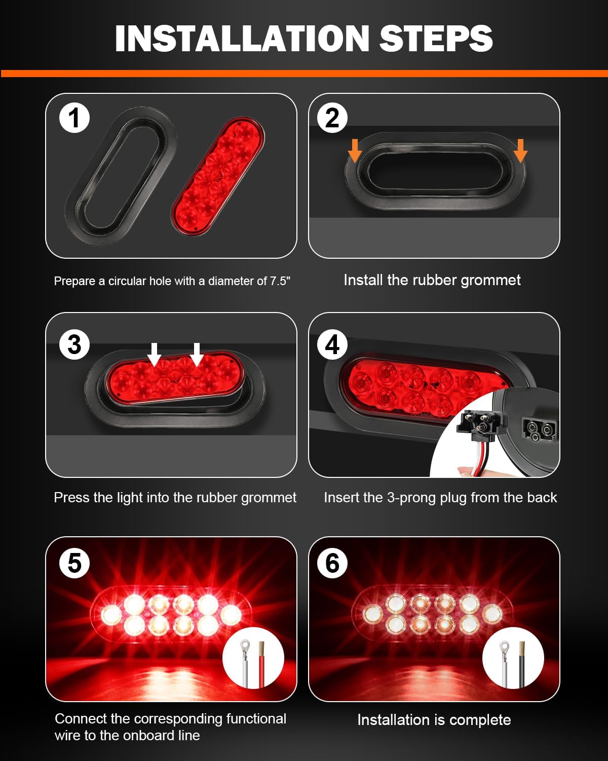 TIROL 6 Inch Oval Trailer Tail Lights - 6PCS 10 LED, Stop Brake Turn Reverse Trailer Light 12V with Flush Mount Grommets Plugs for Trucks, Trailers, RVs, Flatbed, Boats, Campers (4 Red 2 White)