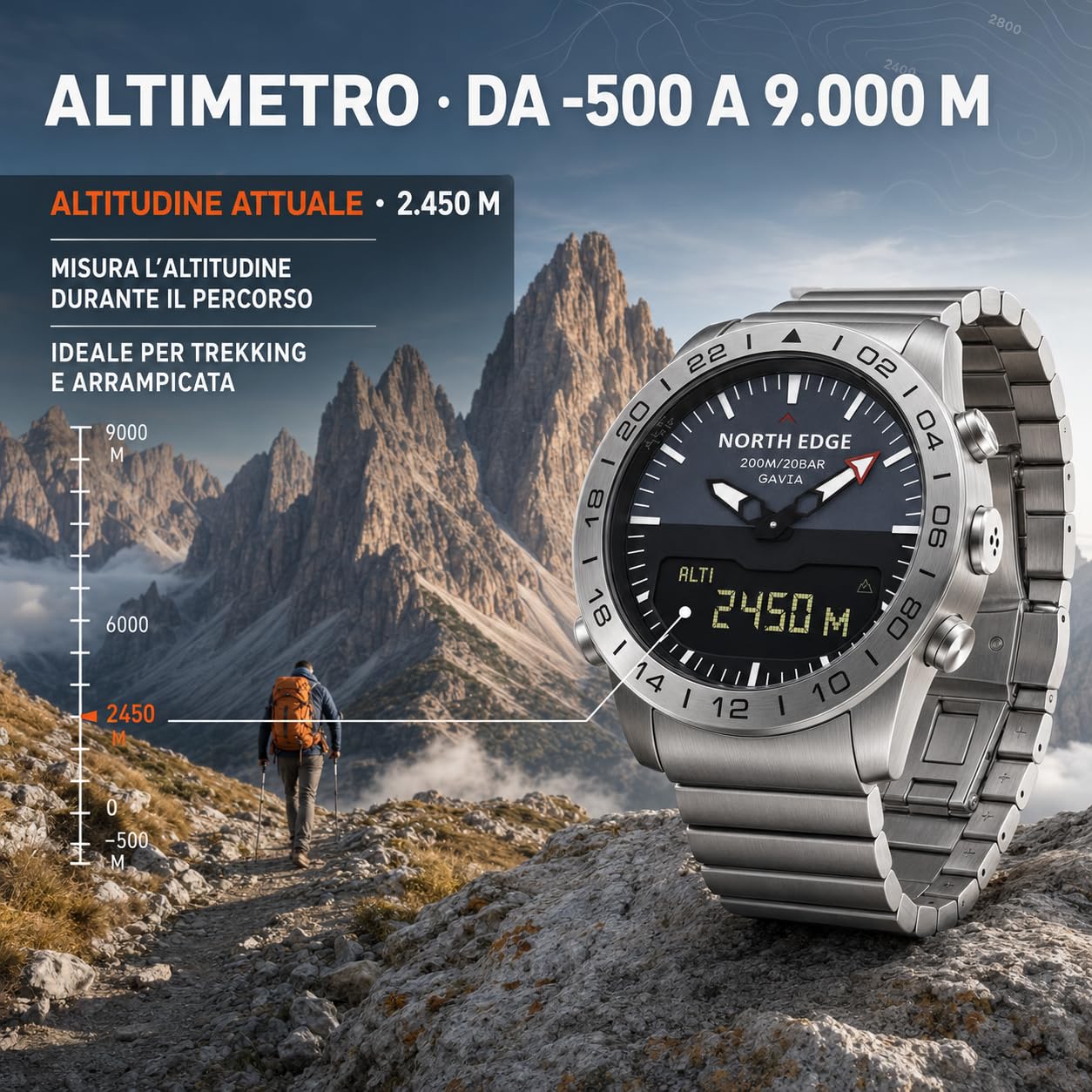 NORTH EDGE GAVIA Pilot Watch Orologi di lusso in acciaio inox analogico digitale per gli uomini Altimetro Bussola Outdoor Sport Business Watch impermeabile 200m | Analogico-digitale in acciaio con resistenza all'acqua 200 m, altimetro, barometro, termomet